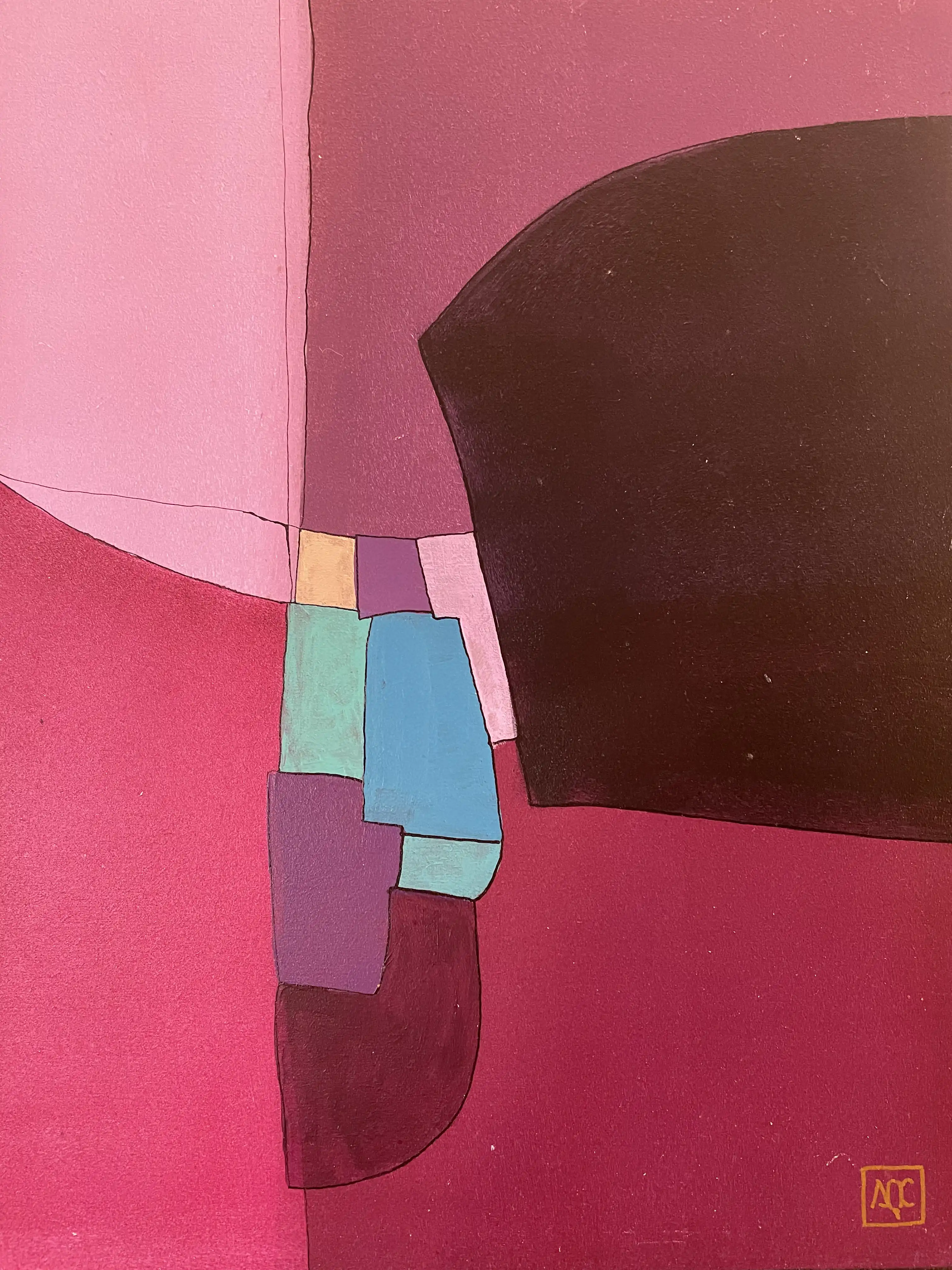 Peinture géométrique abstraite : formes rouge-orange avec zones roses et petits accents bleu-vert, violet dans un arrangement précis