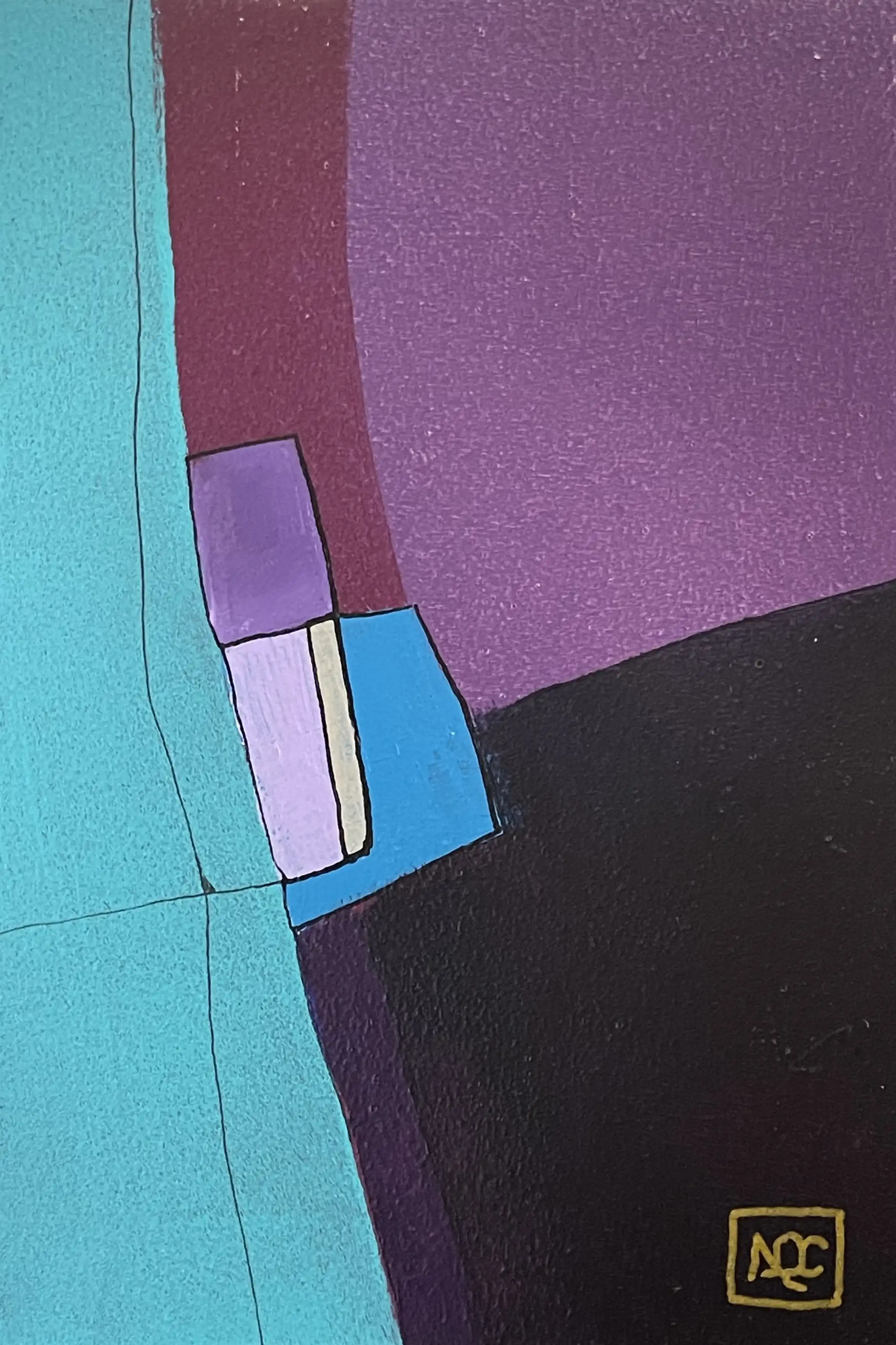 Peinture acrylique : blocs de couleur bleu-vert et rouge-violet avec accents violets arrangés en composition harmonique