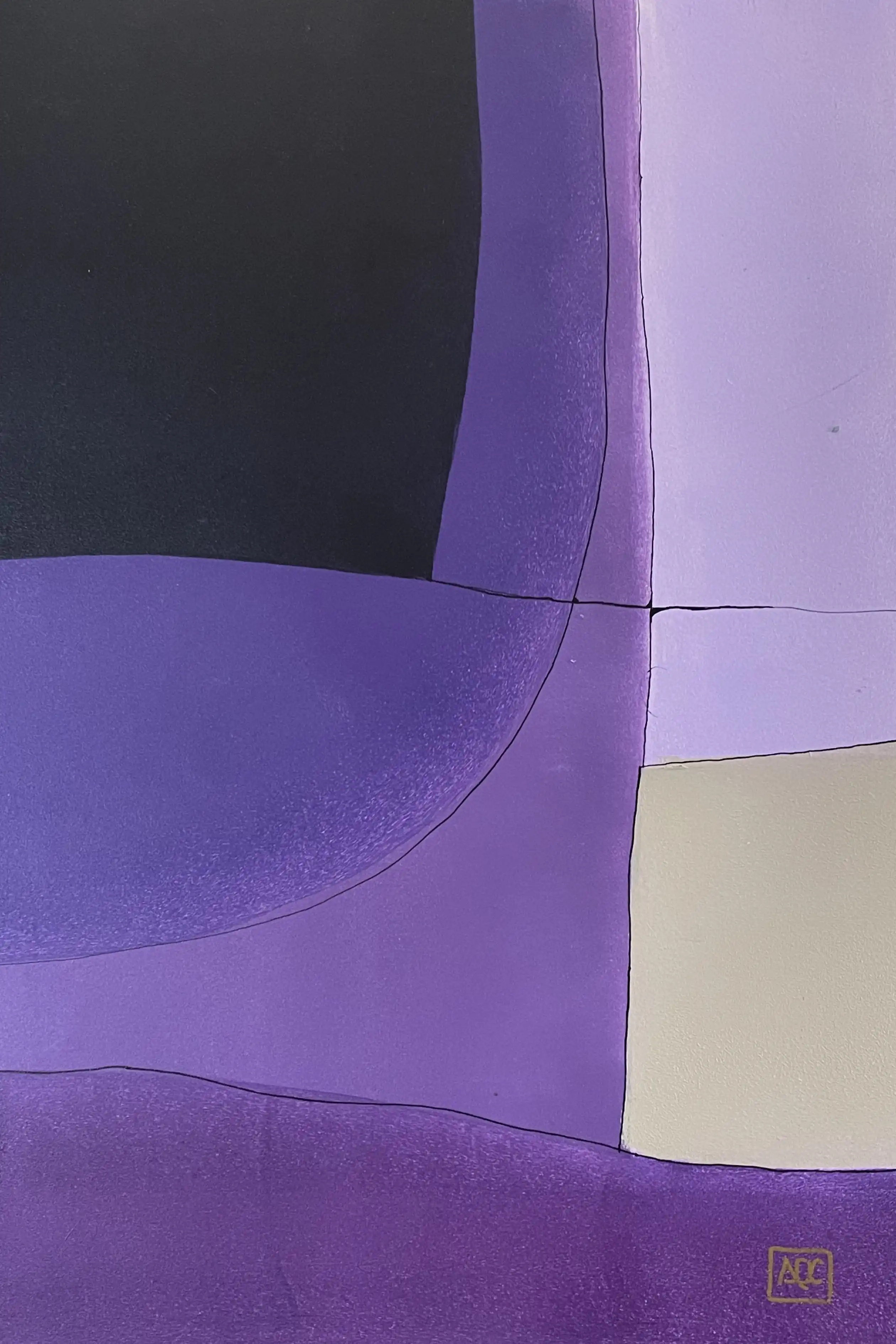 Si bémol Octaves - Réflexions 28 par Arnaud Quercy chez Art Quam Anima — peinture acrylique sur panneau de bois, Peinture acrylique avec tons violets dominants et formes géométriques dans un arrangement de couleurs pourpre, gris et crème