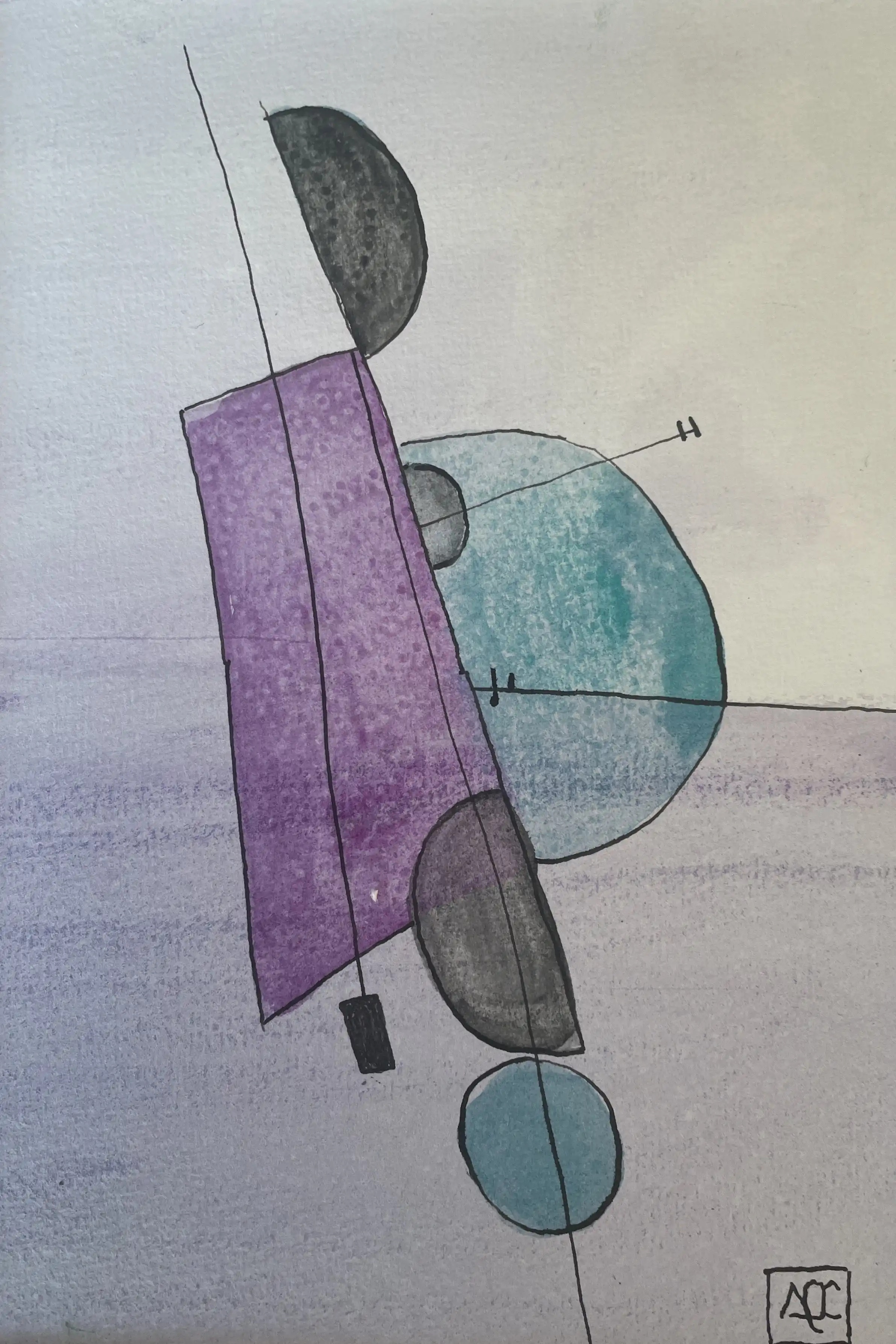 Si bémol Octaves - Réflexions 30 par Arnaud Quercy chez Art Quam Anima — aquarelle sur papier, Aquarelle avec formes géométriques violettes, zones gris acier, et accents argentés arrangés en composition abstraite