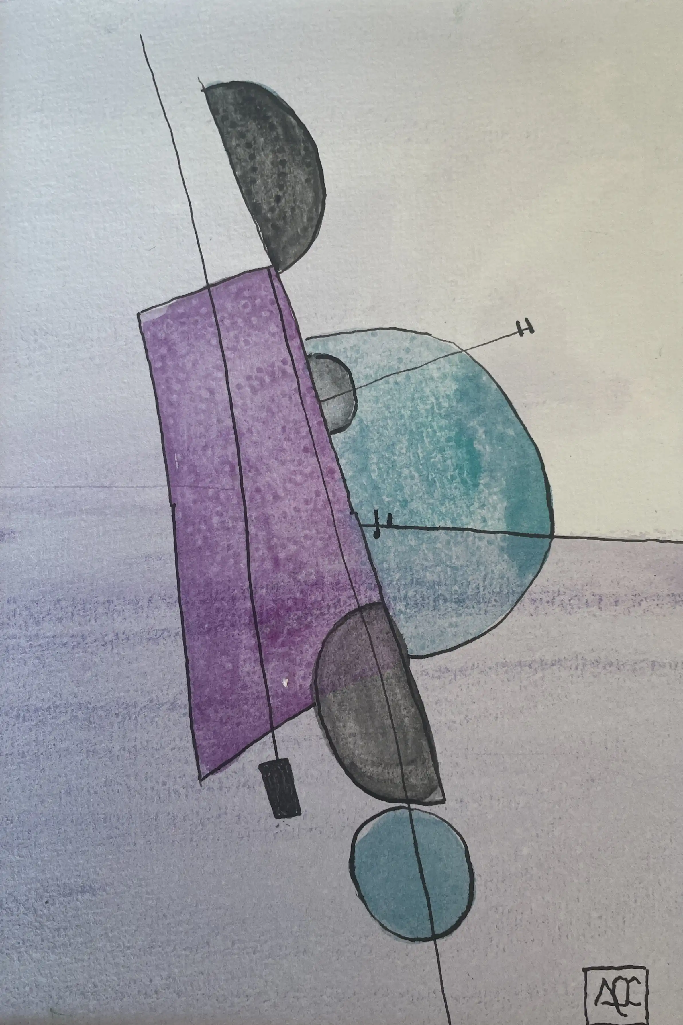 Aquarelle avec formes géométriques violettes, zones gris acier, et accents argentés arrangés en composition abstraite