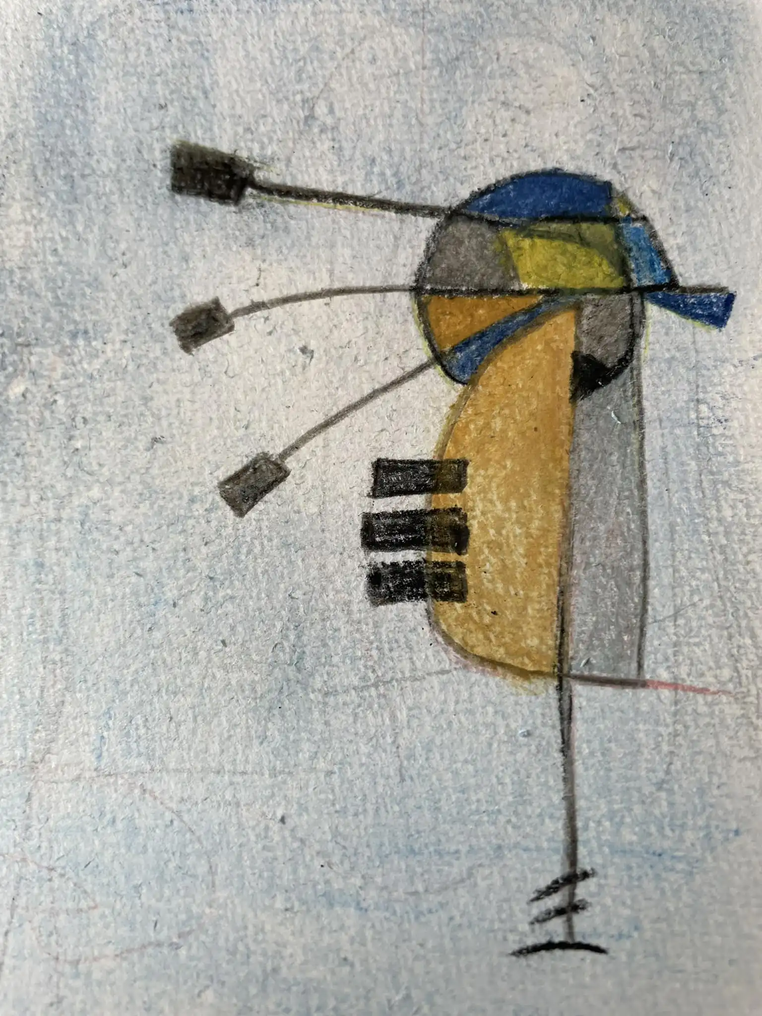 Geometric watercolor of stylized bird figure in ochre, blue, and black against silver-gray ground