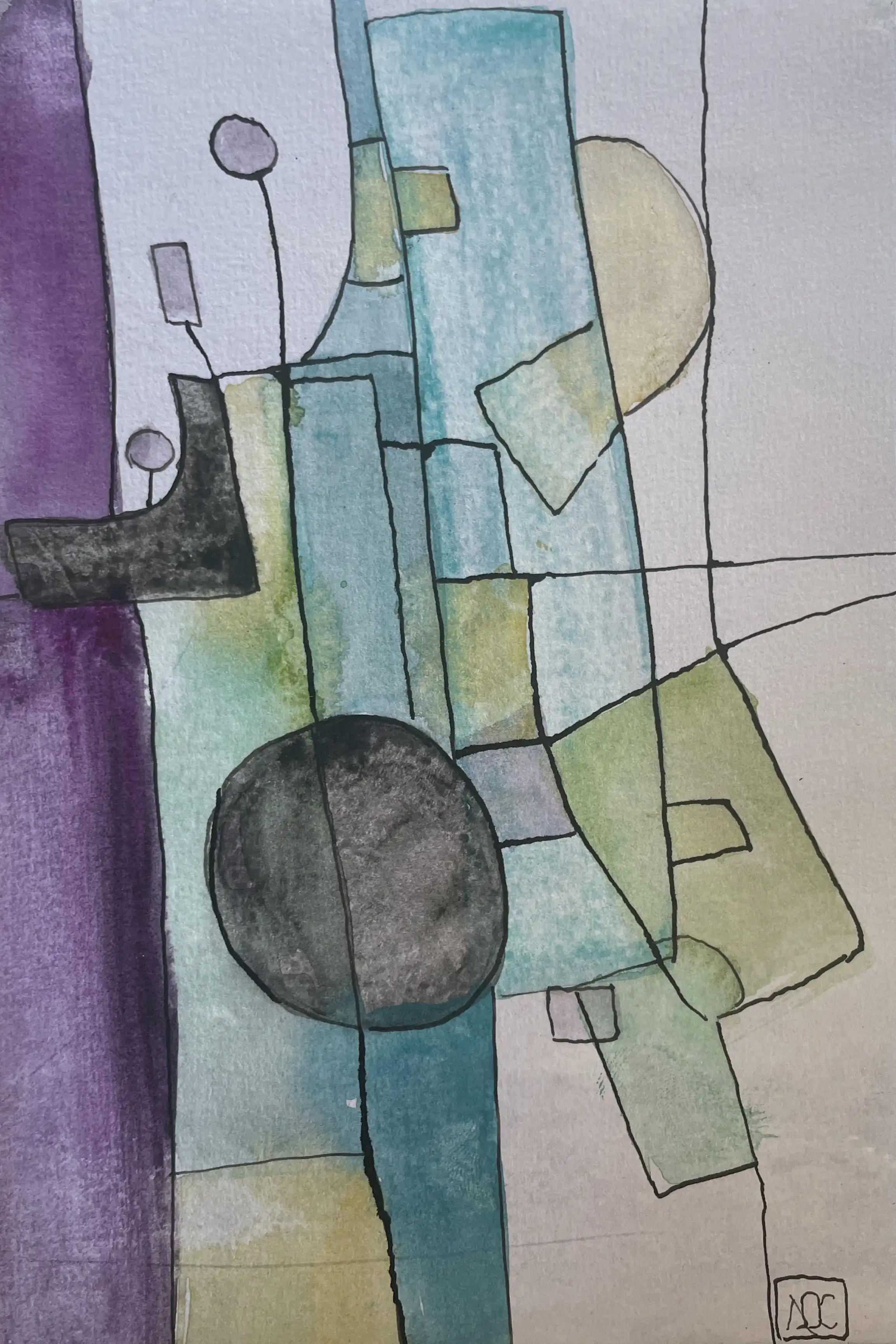 Watercolor painting with gray geometric forms, blue-violet washes, and architectural elements in vertical composition
