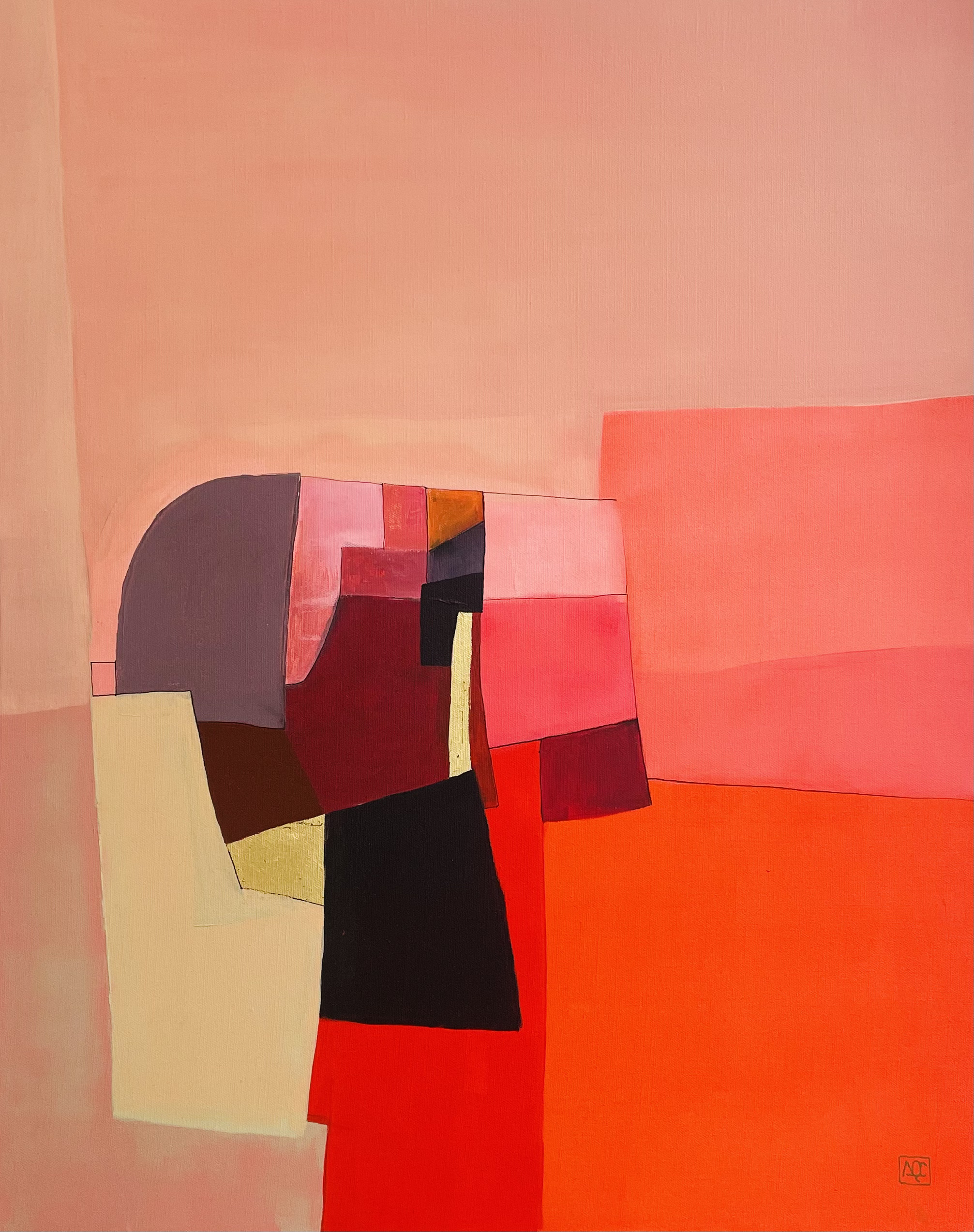 Geometric acrylic painting in orange, red, tan, and dark brown translating the C Major chord into color