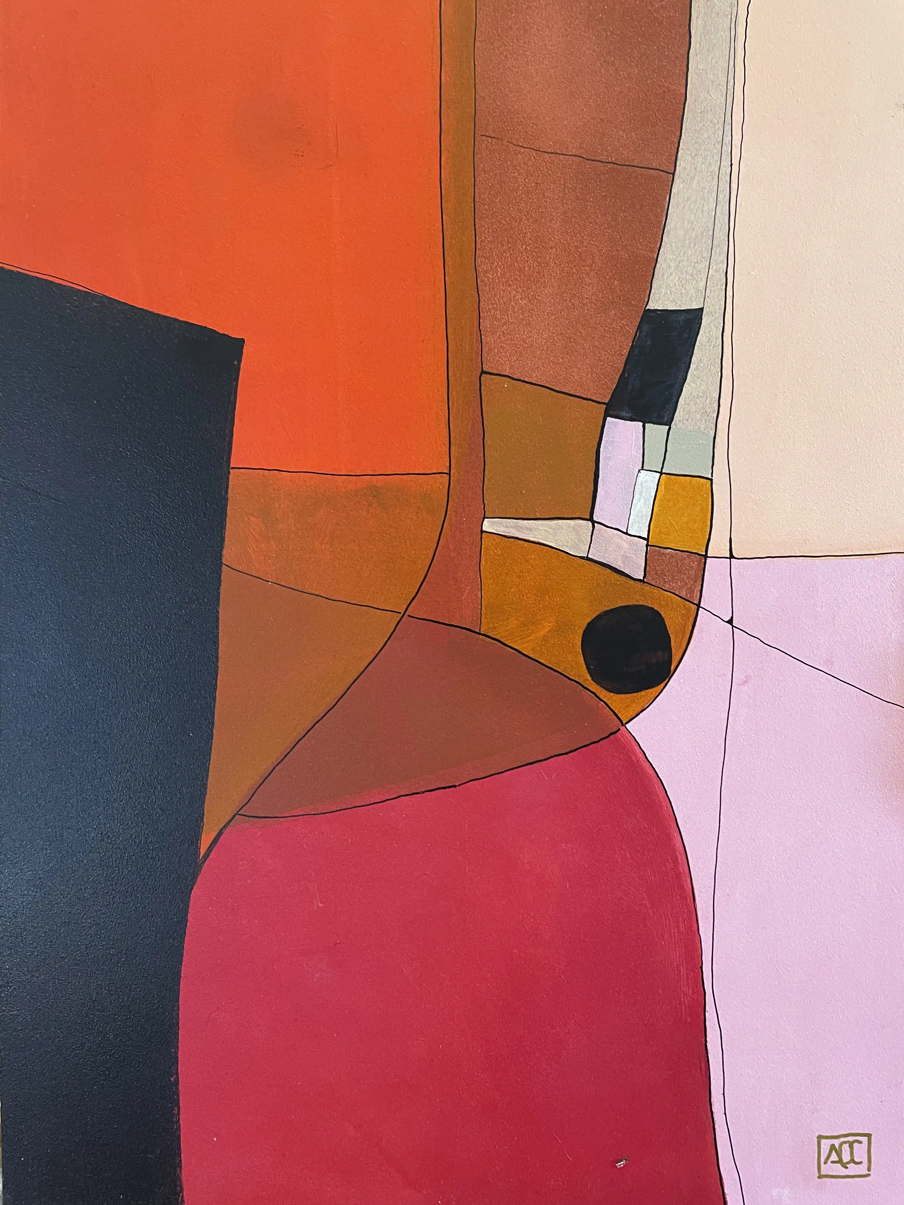 Acrylic painting with red-orange and orange geometric forms, pale violet section, dark blue-violet anchor