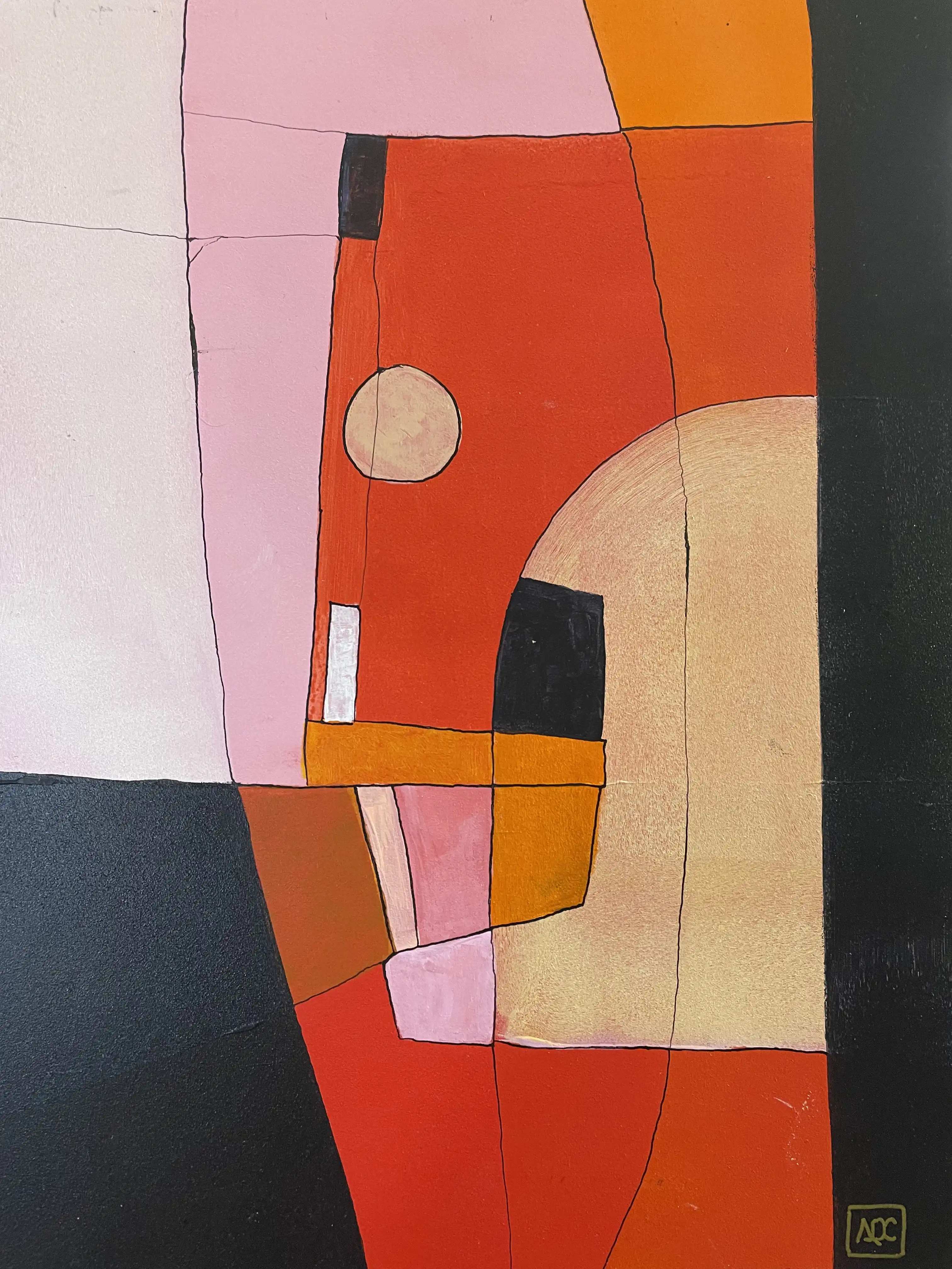 Acrylic painting with geometric color sections: dark gray base, red-orange center, pink upper areas, pale gray transitions