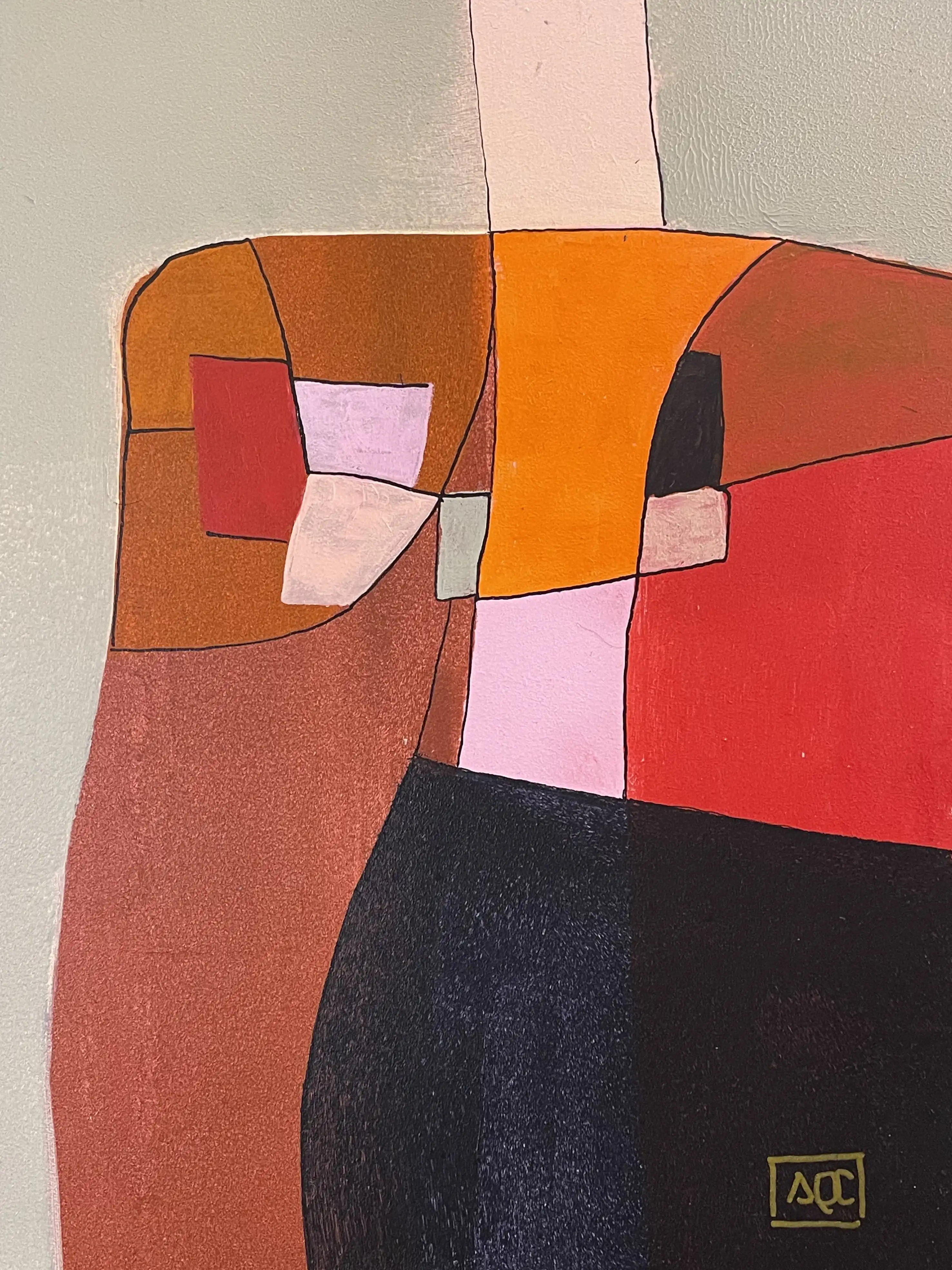 Acrylic painting with red-orange and orange geometric forms, silver accents, very dark gray base, light yellow highlights