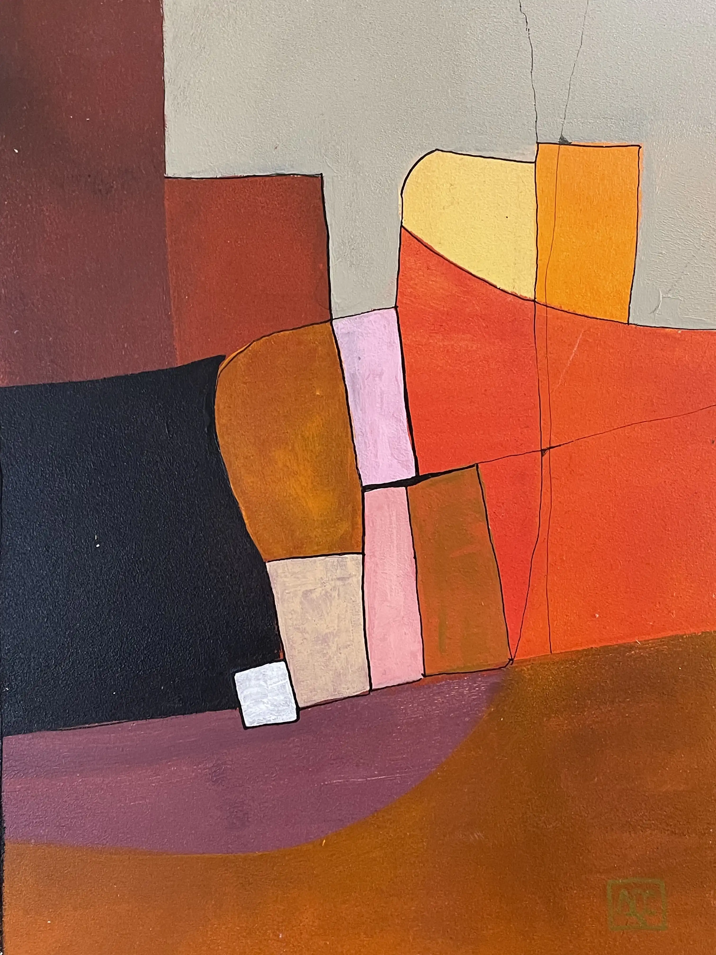 Geometric abstract painting: orange, red-orange, and violet forms arranged in angular composition on wood panel