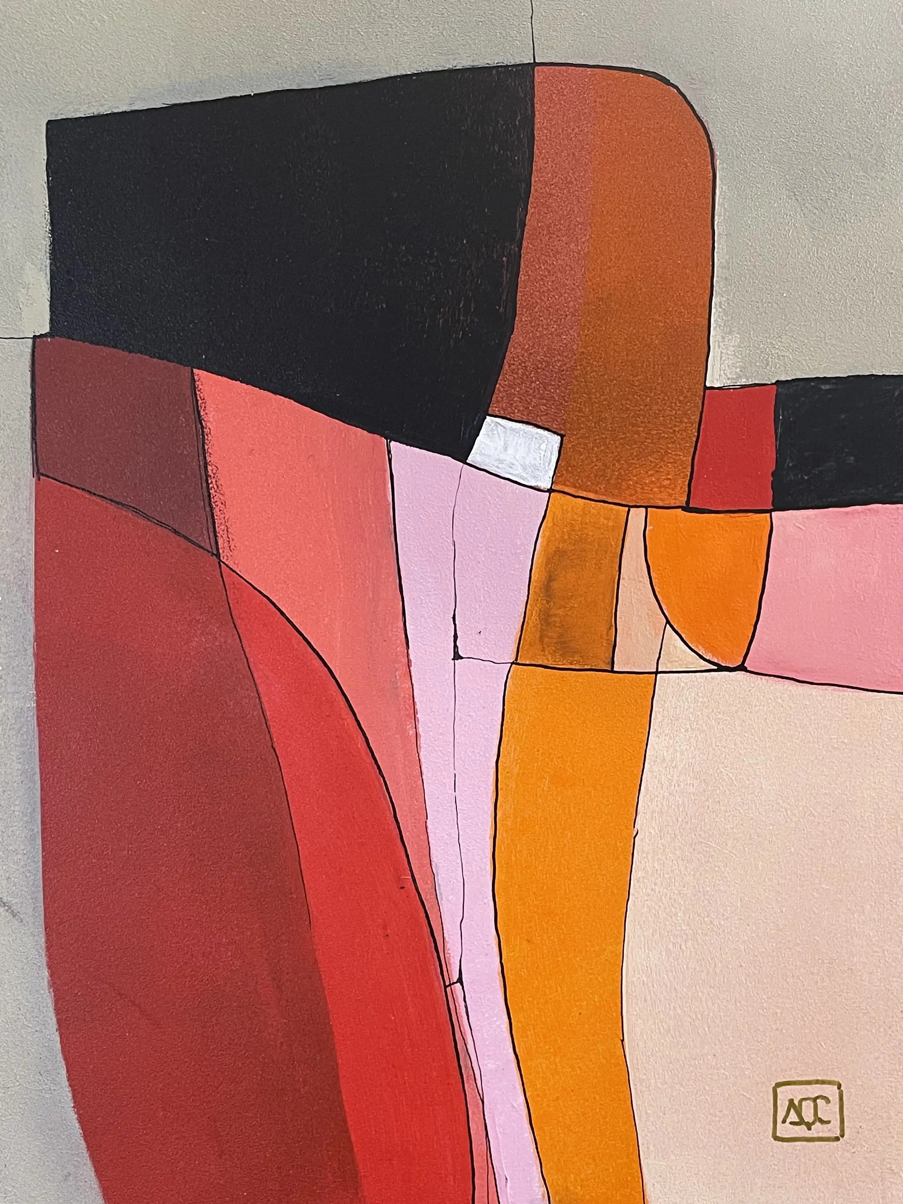 C Major - Variation 6 by Arnaud Quercy at Art Quam Anima — Acrylic Painting on Wood Panel, Geometric abstract painting: red-orange, orange, and gray forms in angular composition on wood panel