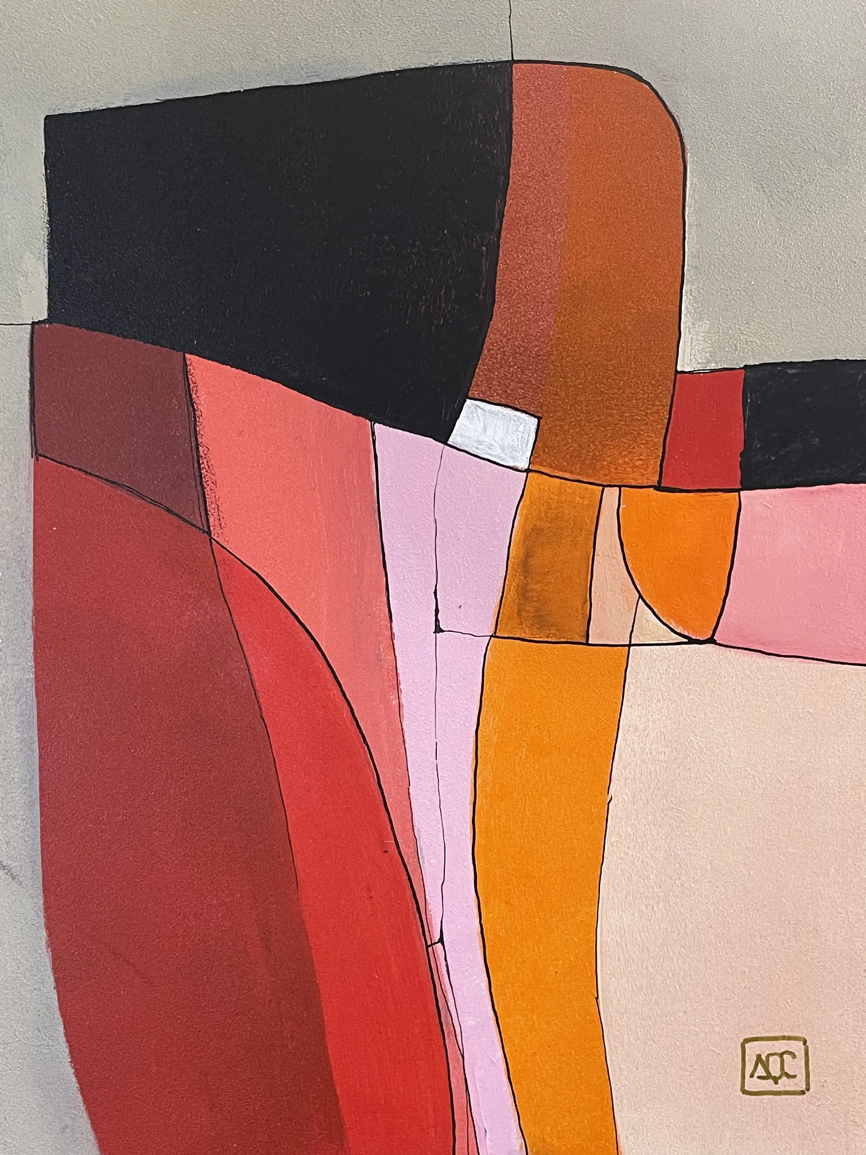 Geometric abstract painting: red-orange, orange, and gray forms in angular composition on wood panel