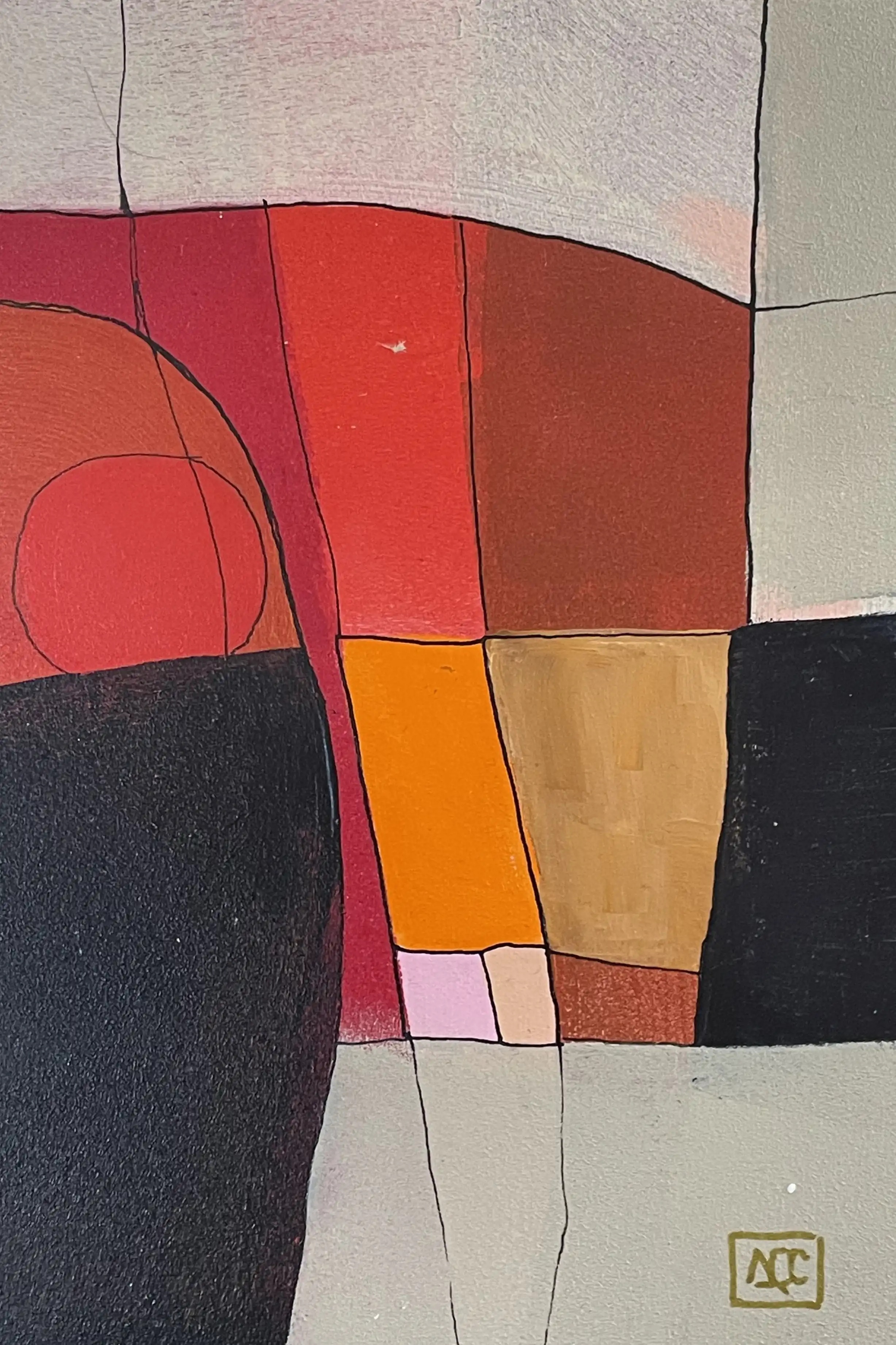 C Major - Variation 7 by Arnaud Quercy at Art Quam Anima — Acrylic Painting on Wood Panel, Acrylic painting: geometric forms in red-orange, yellow-orange, and gray with black linear elements on wood panel