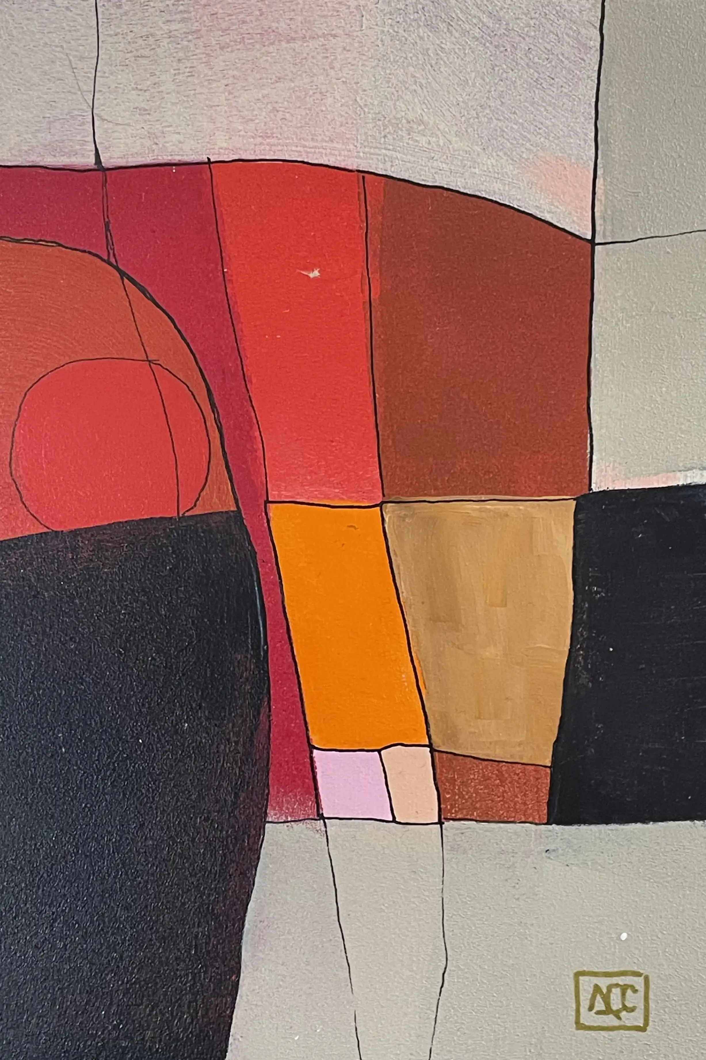 Acrylic painting: geometric forms in red-orange, yellow-orange, and gray with black linear elements on wood panel