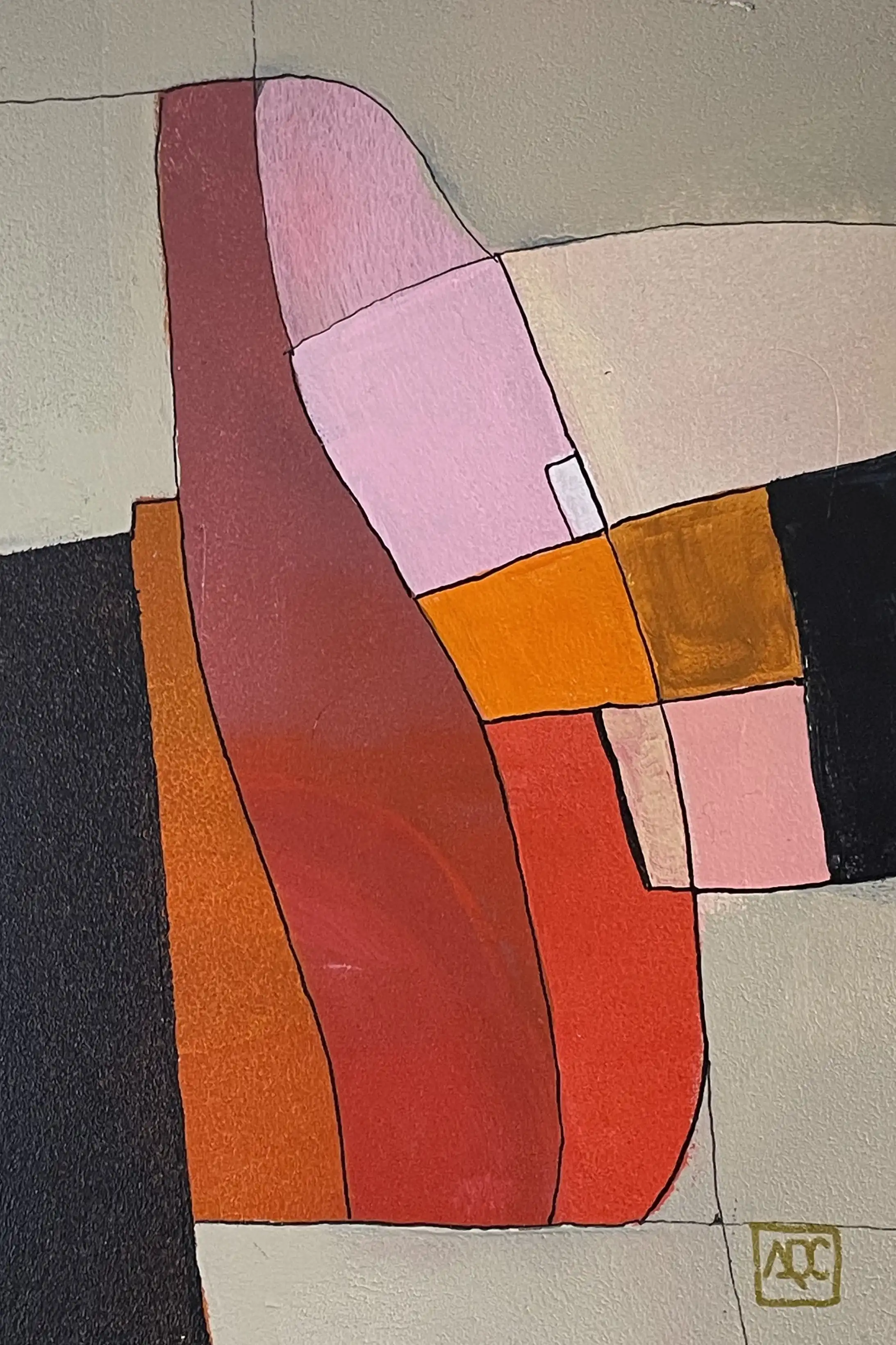 Peinture acrylique : blocs de couleur géométriques en tons orange, rouge-orange et gris arrangés en composition verticale