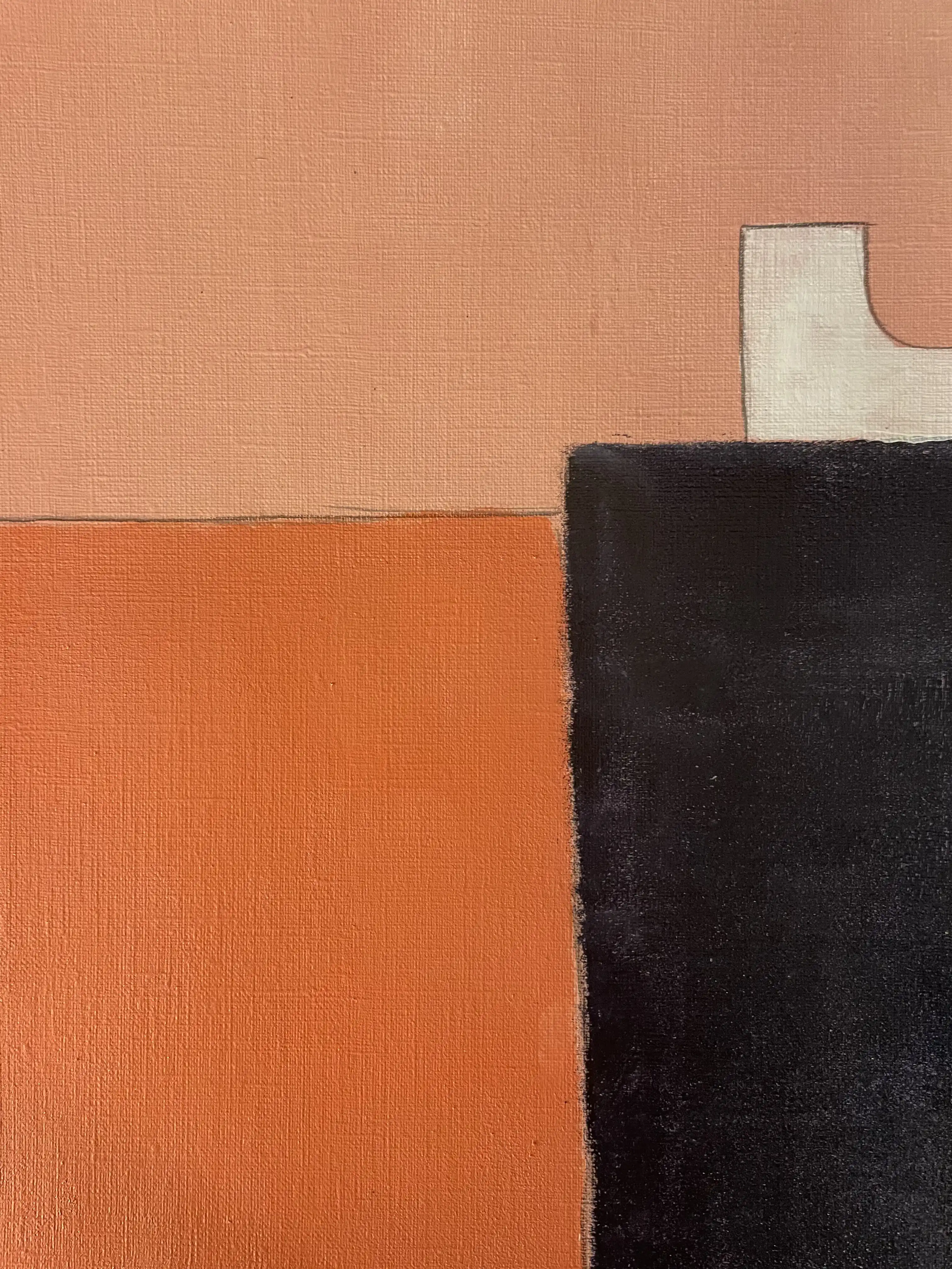 Peinture acrylique avec formes géométriques orange, éléments structurels noirs, et accent jaune-vert