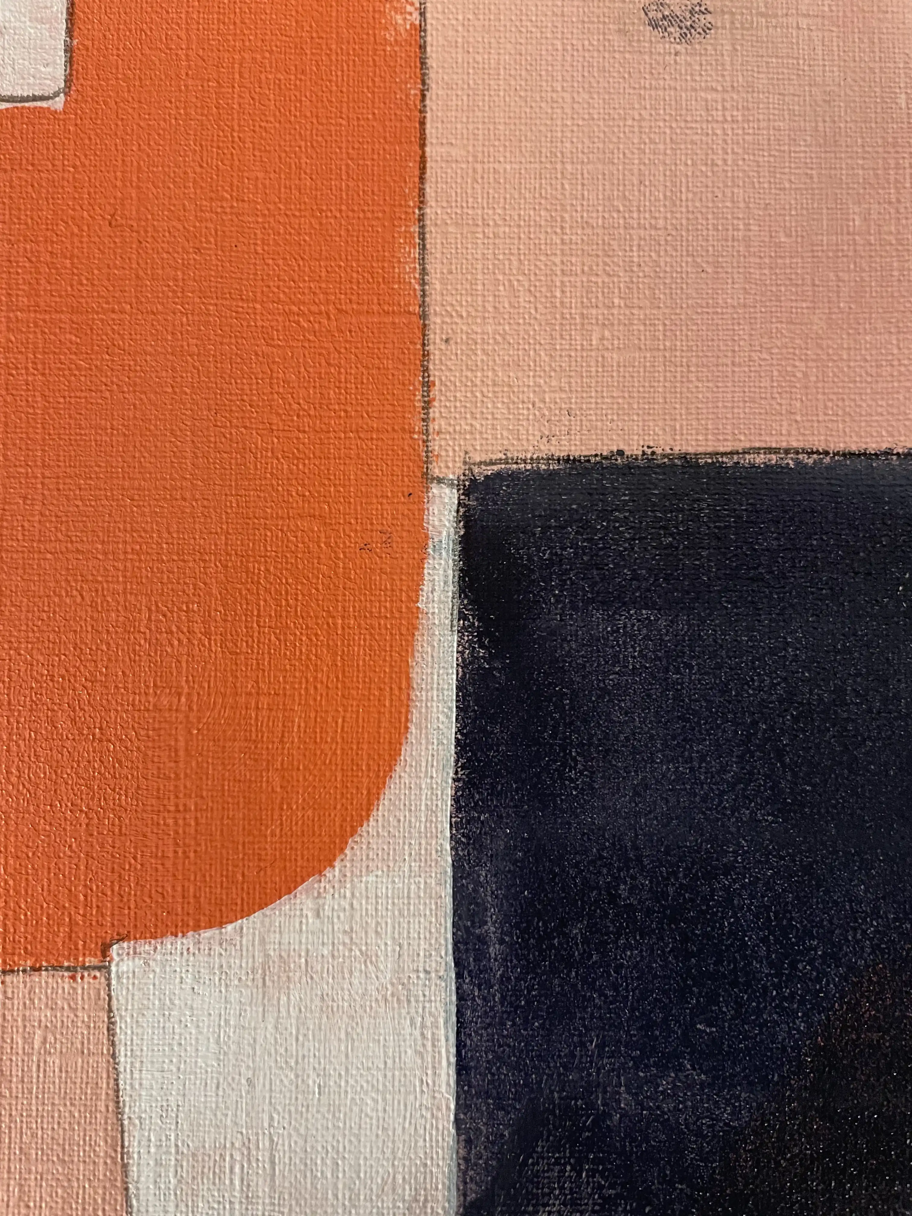 Peinture acrylique géométrique : rectangles orange, sections violet, accent blanc dans arrangement de couleurs harmonique