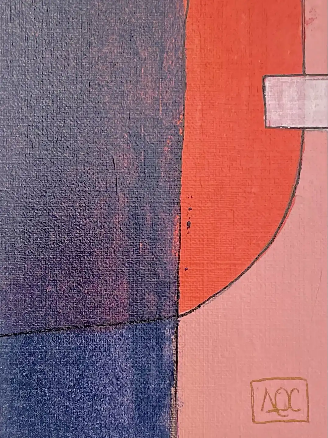 Peinture acrylique avec formes géométriques rouge-orange et violettes divisées par frontière courbe sur papier