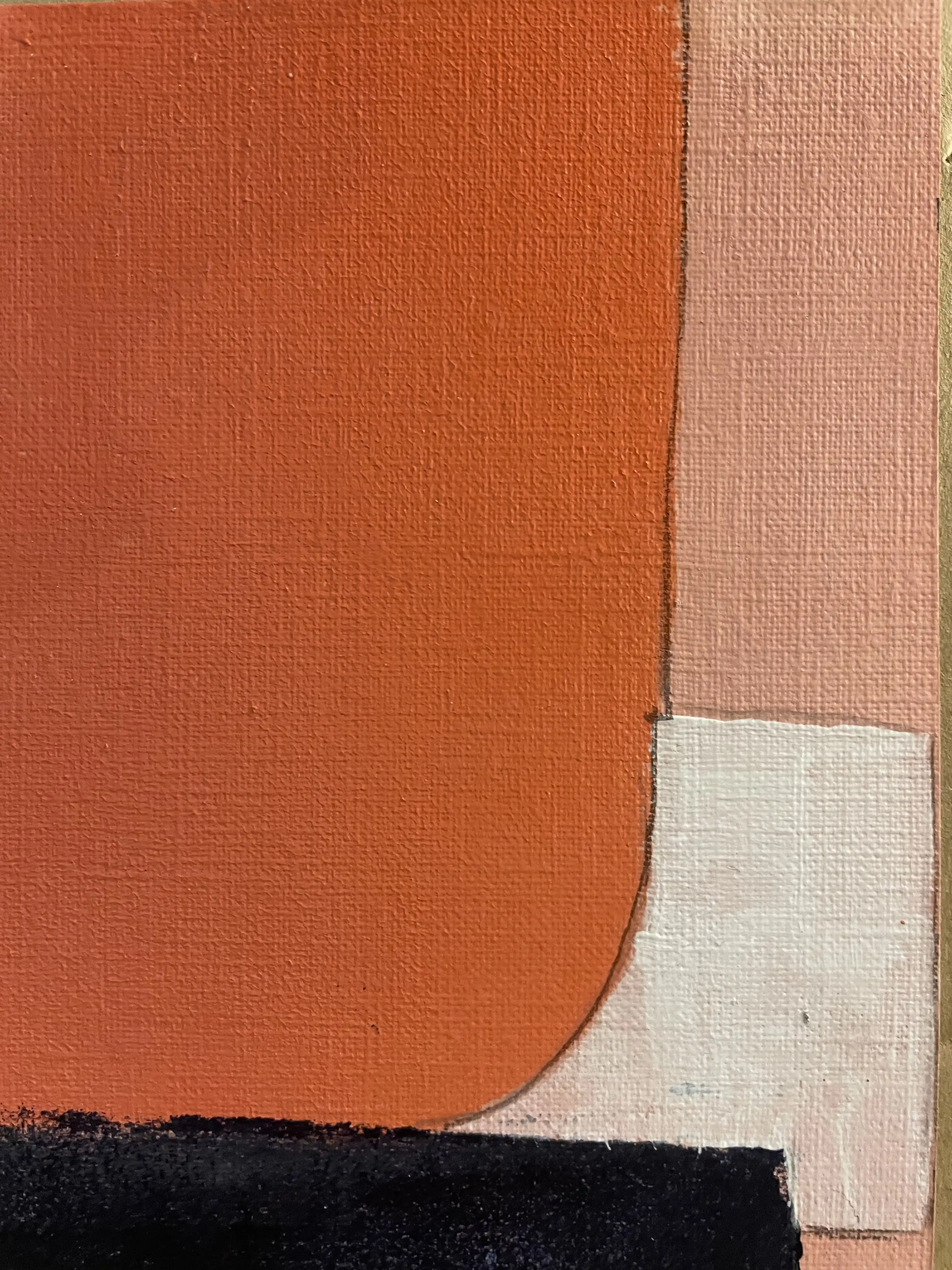 Peinture acrylique : formes géométriques orange avec élément d'ancrage noir et accent jaune-blanc sur papier