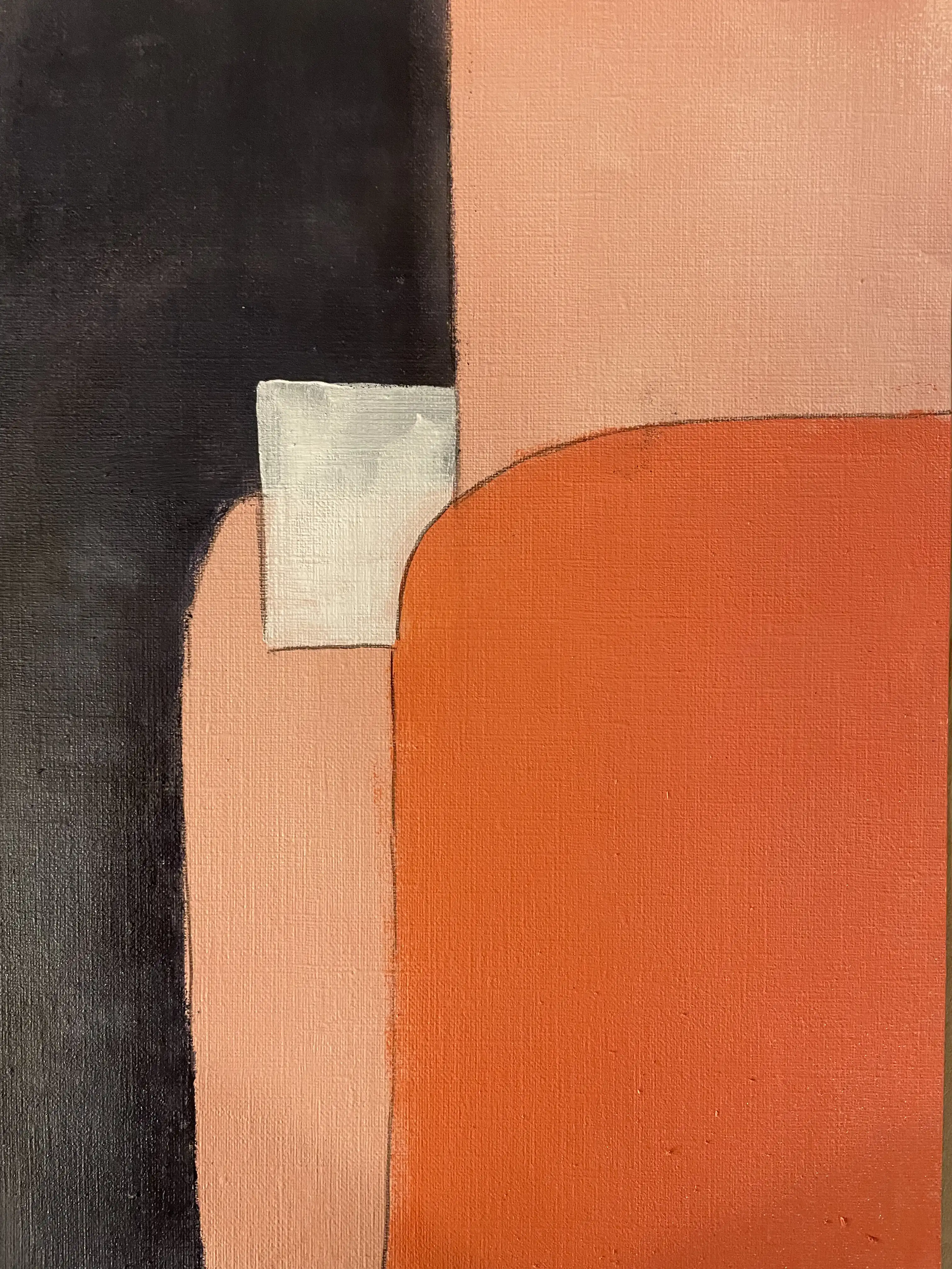 Peinture acrylique avec forme orange courbée, bande verticale foncée, rectangle clair dans une composition géométrique