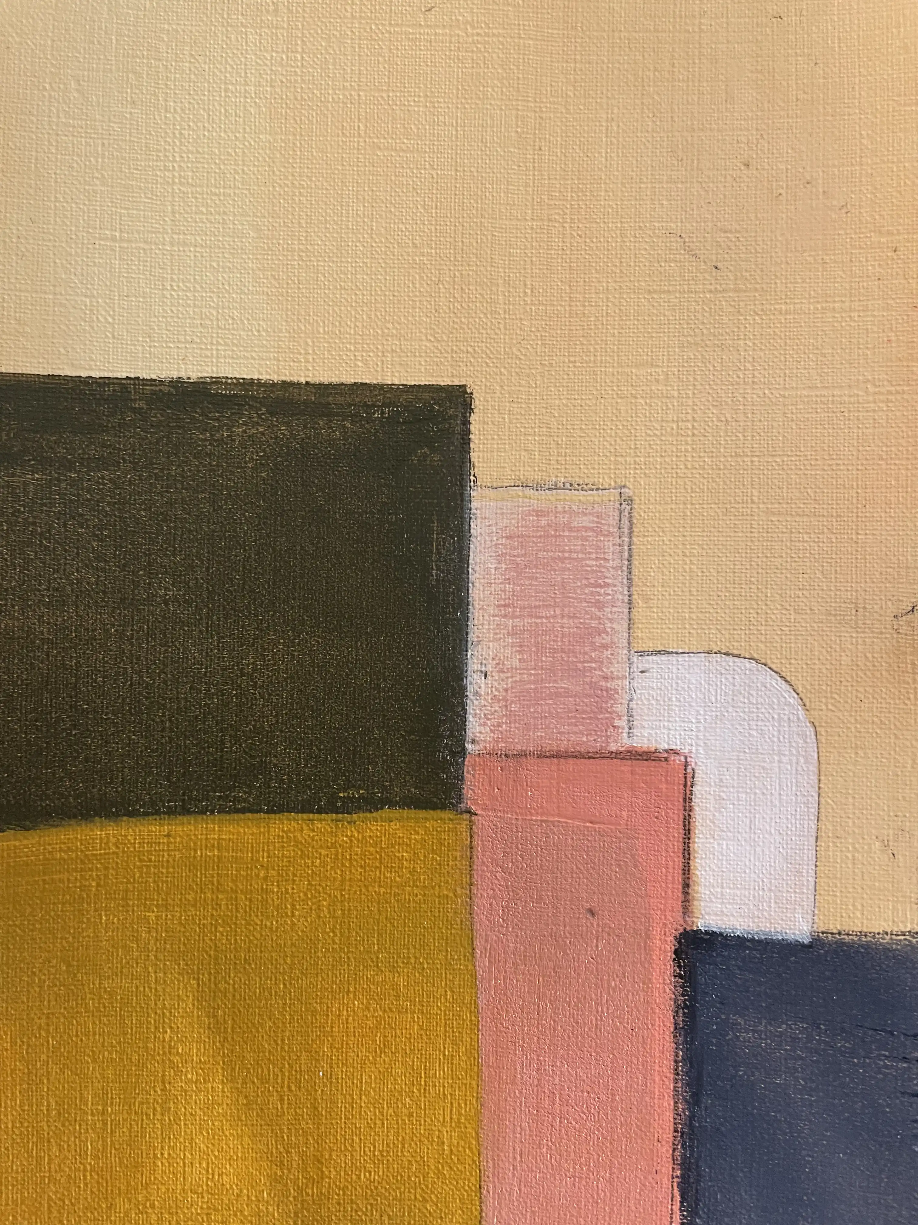 Peinture acrylique géométrique : rectangles jaune-orange chauds, formes brun doré, accents orange en composition superposée