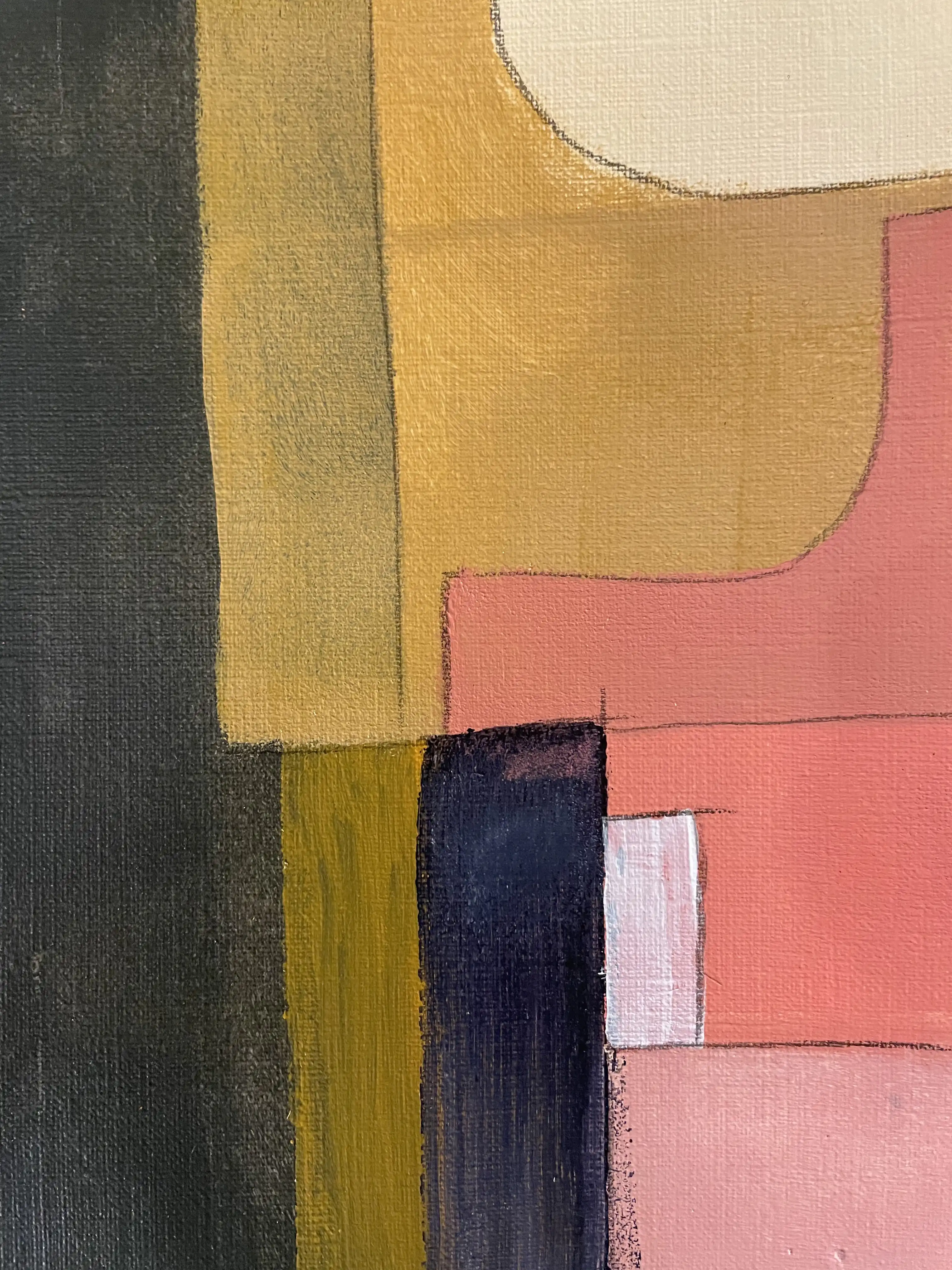 Peinture acrylique avec des formes géométriques jaune-orange, rouge-orange et grises arrangées en composition verticale