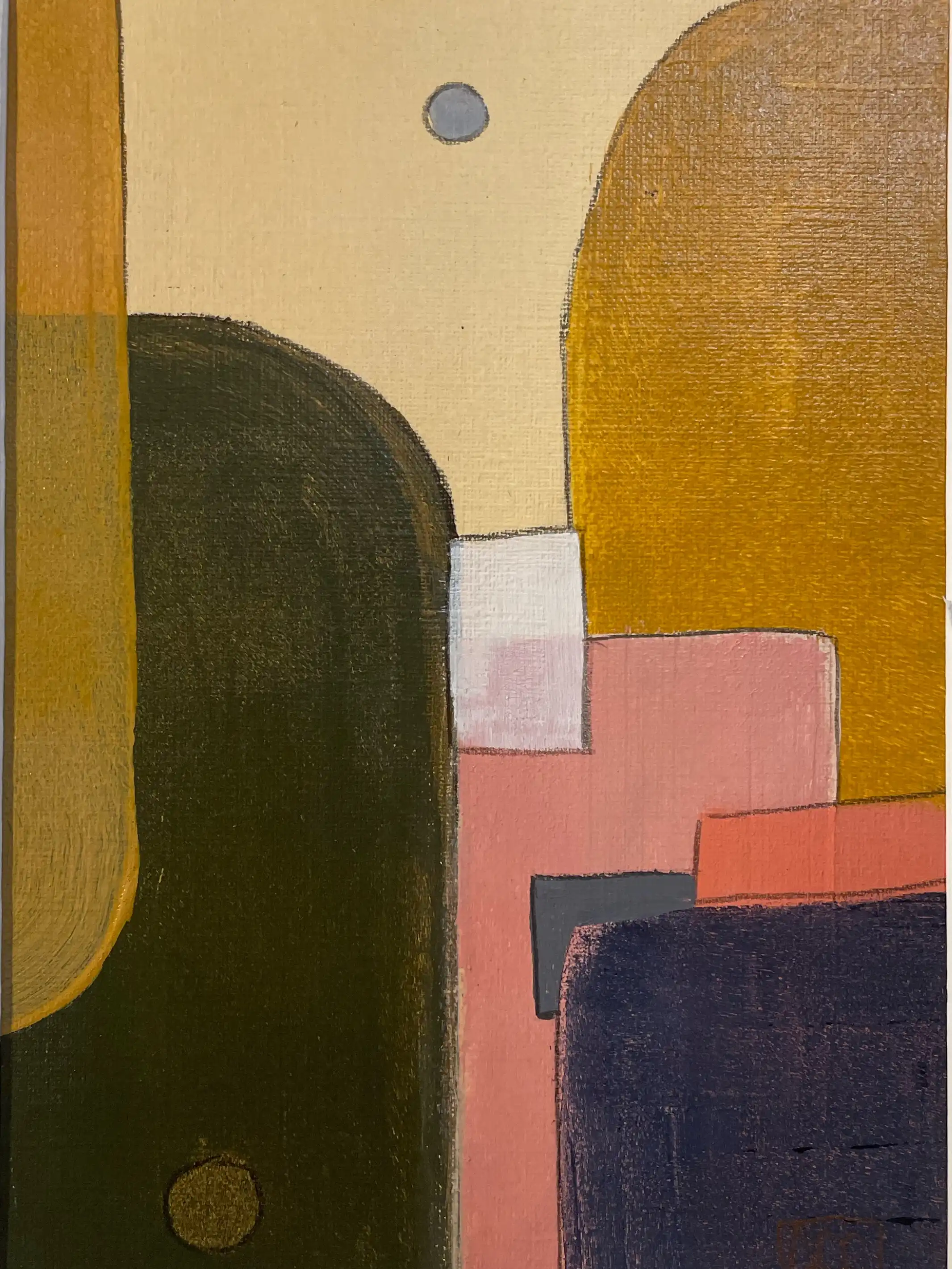 Peinture acrylique avec formes géométriques : formes jaune-orange, bandes vert sombre, transitions rouge-orange dans composition abstraite