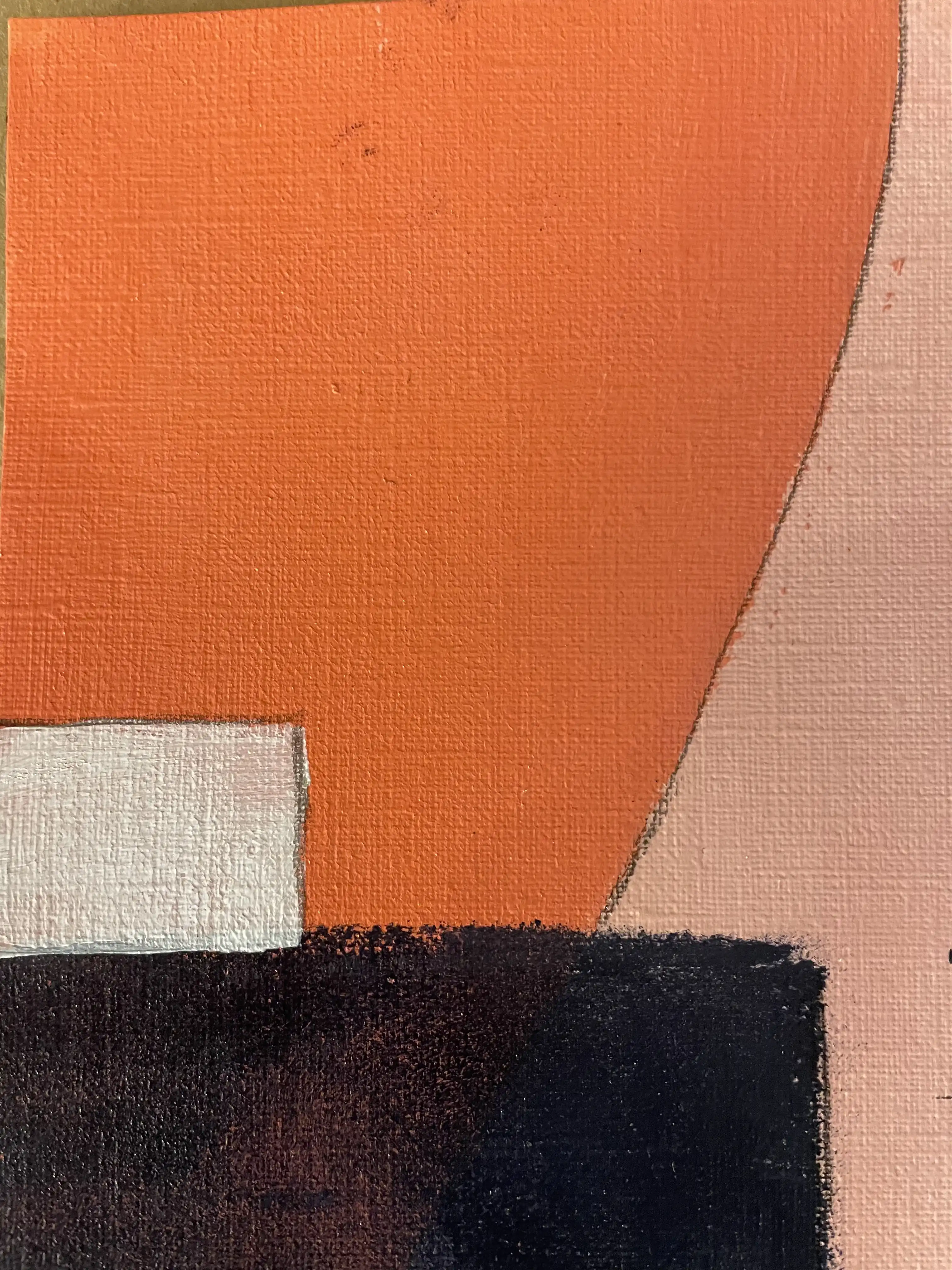 Peinture acrylique géométrique : formes orange avec ancres noires et accents rouge-orange dans une composition structurée