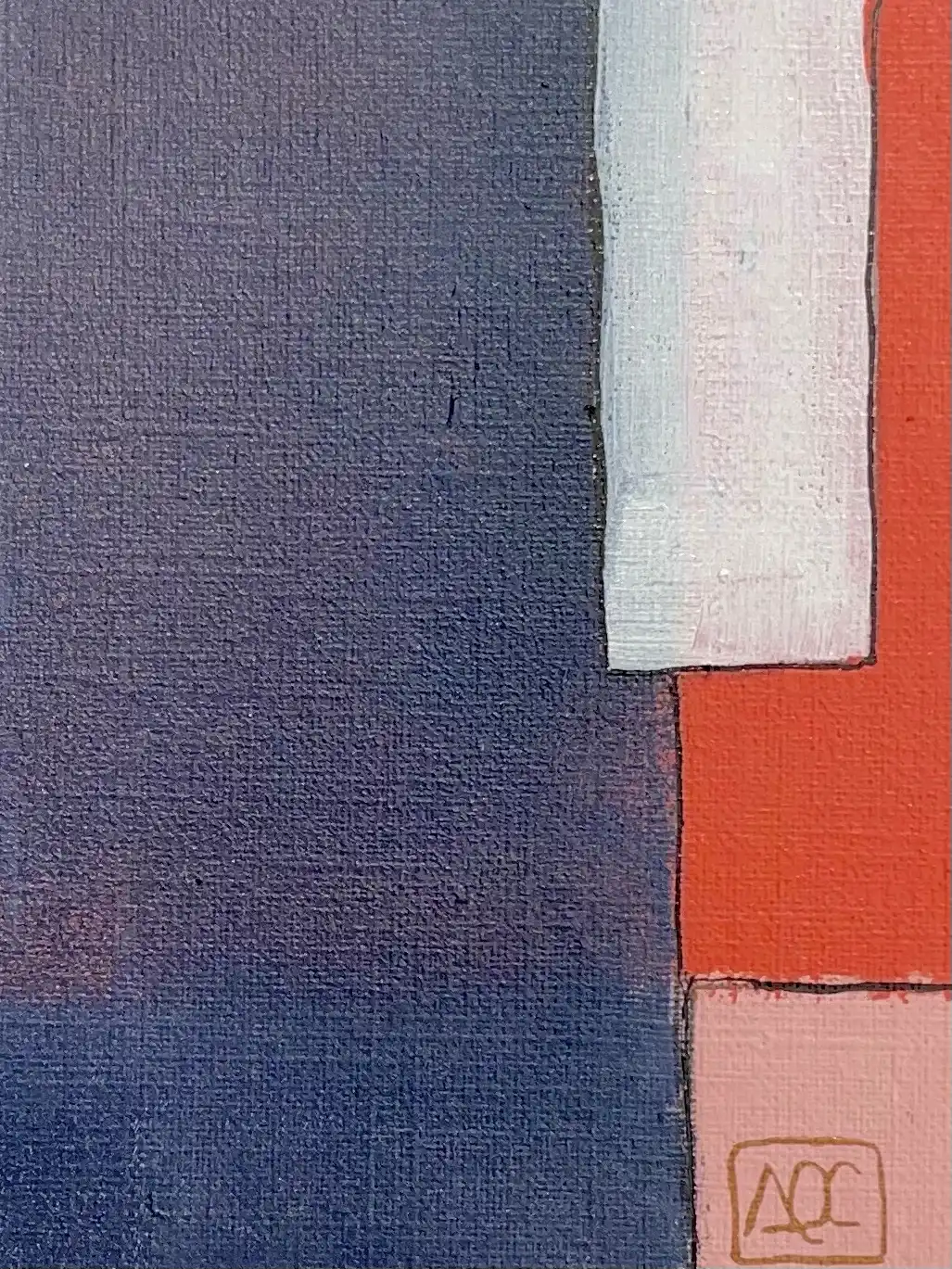 Peinture acrylique : formes géométriques violettes avec sections rouge-orange et gris clair en composition verticale