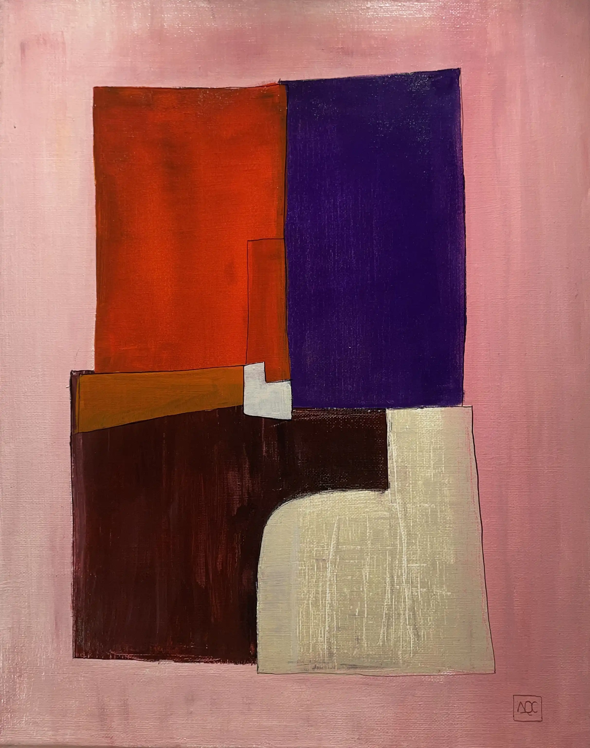 Acrylic painting with geometric forms in red-orange and violet tones arranged on pink background