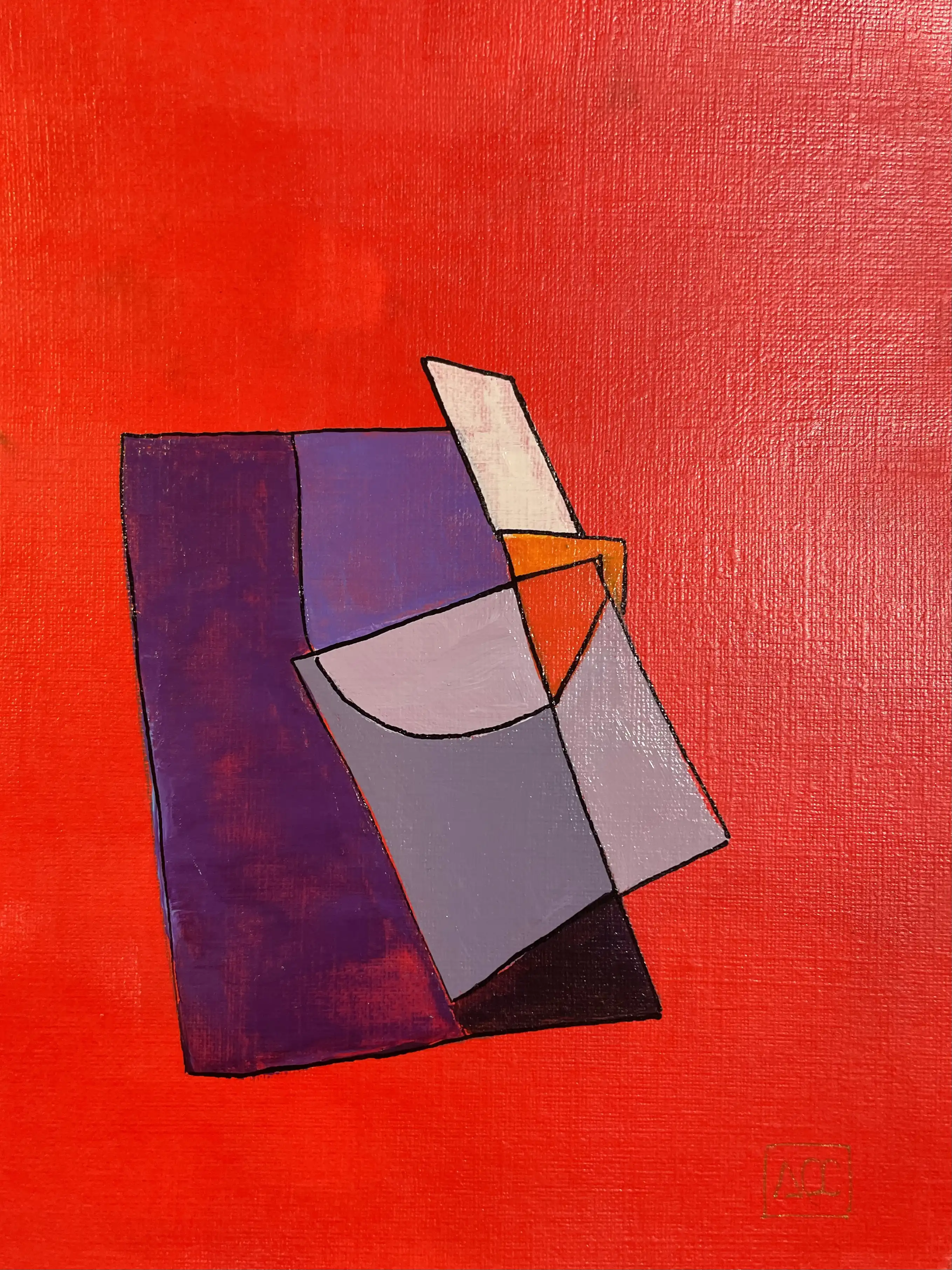 Geometric acrylic painting: red-orange and purple forms with orange accent on red background