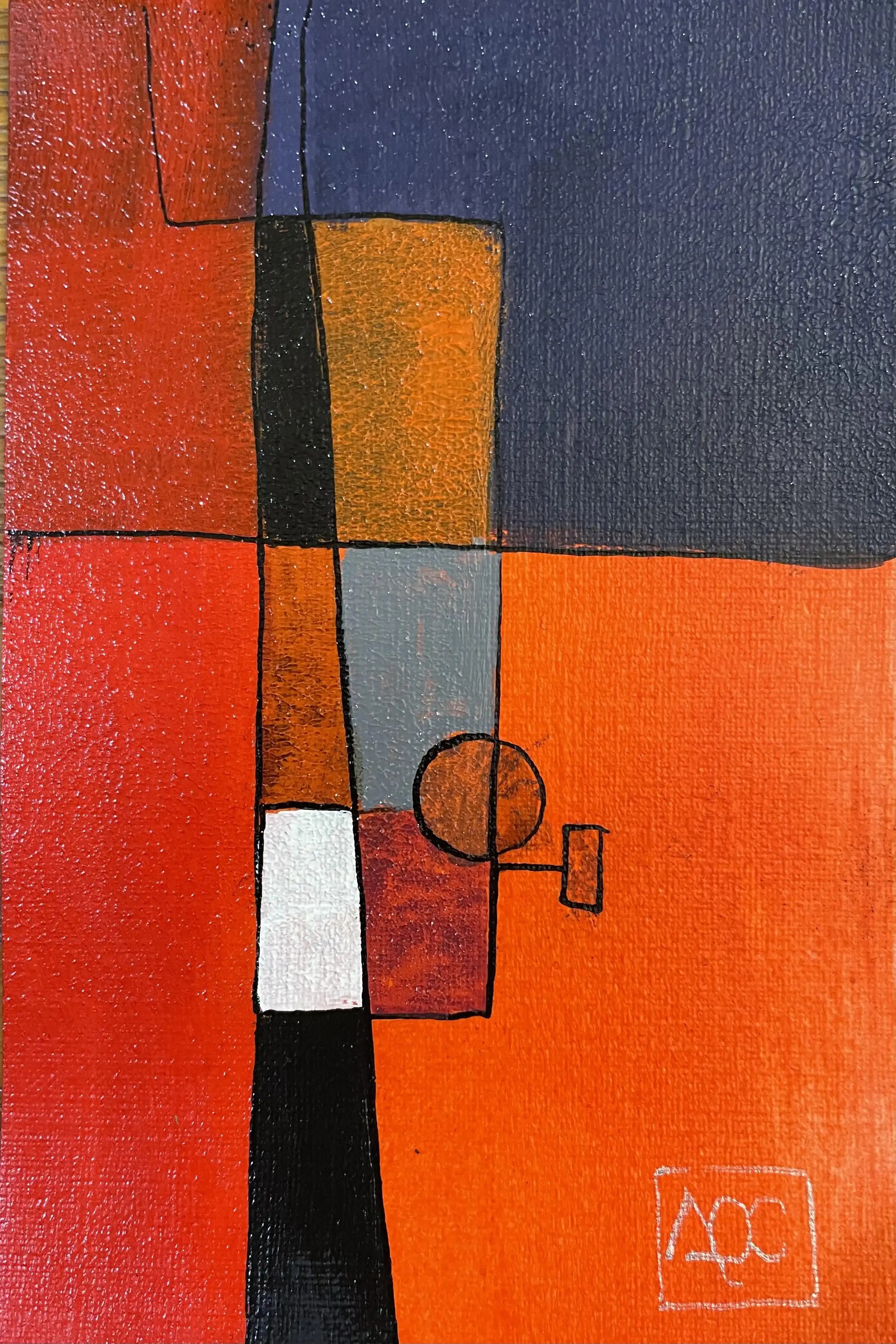 C minor - Variation 3 by Arnaud Quercy at Art Quam Anima — Acrylic Painting on Paper, Geometric abstract painting with blue-violet, orange, and red-orange color blocks representing C minor chord tones
