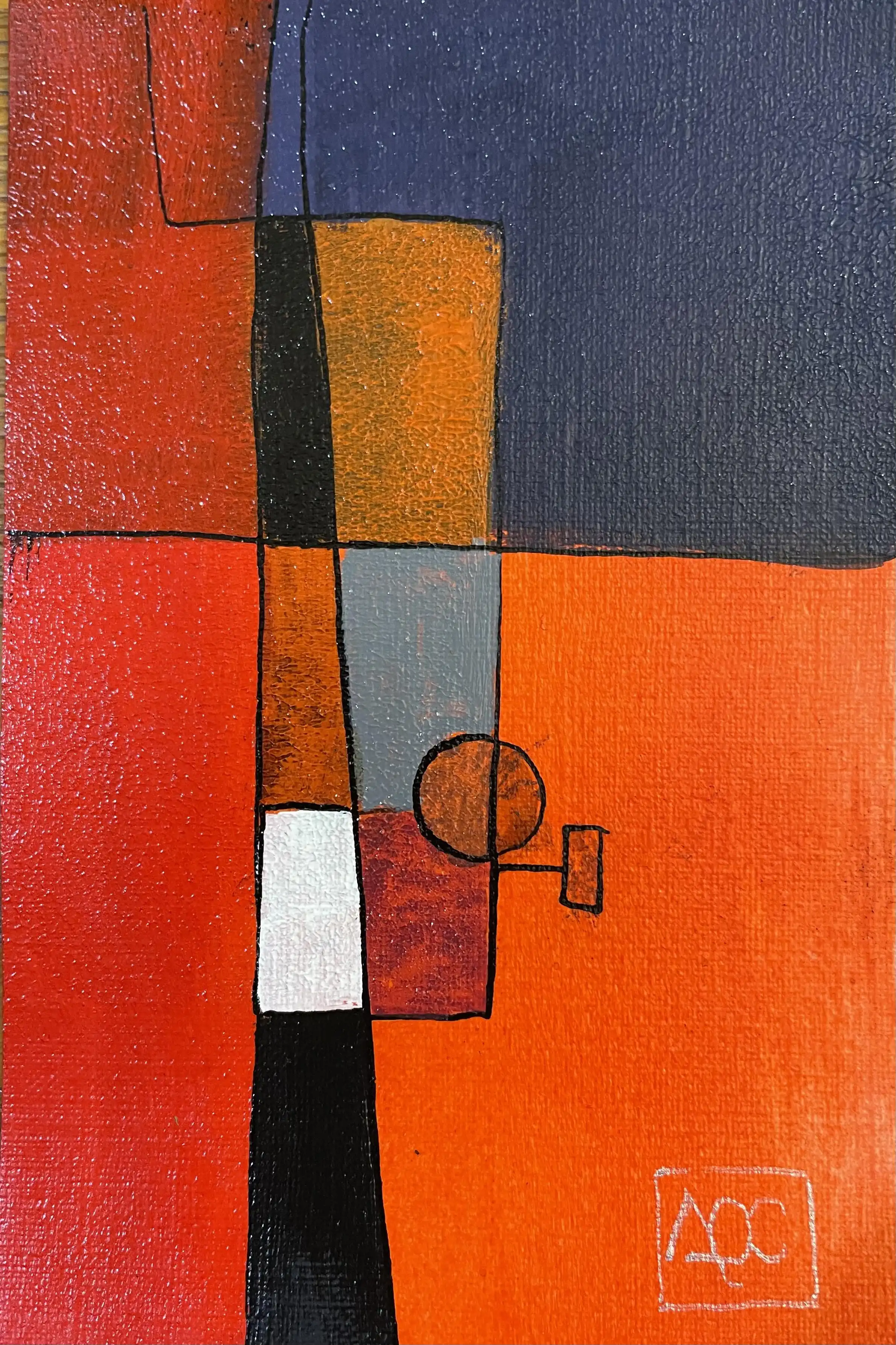 Geometric abstract painting with blue-violet, orange, and red-orange color blocks representing C minor chord tones