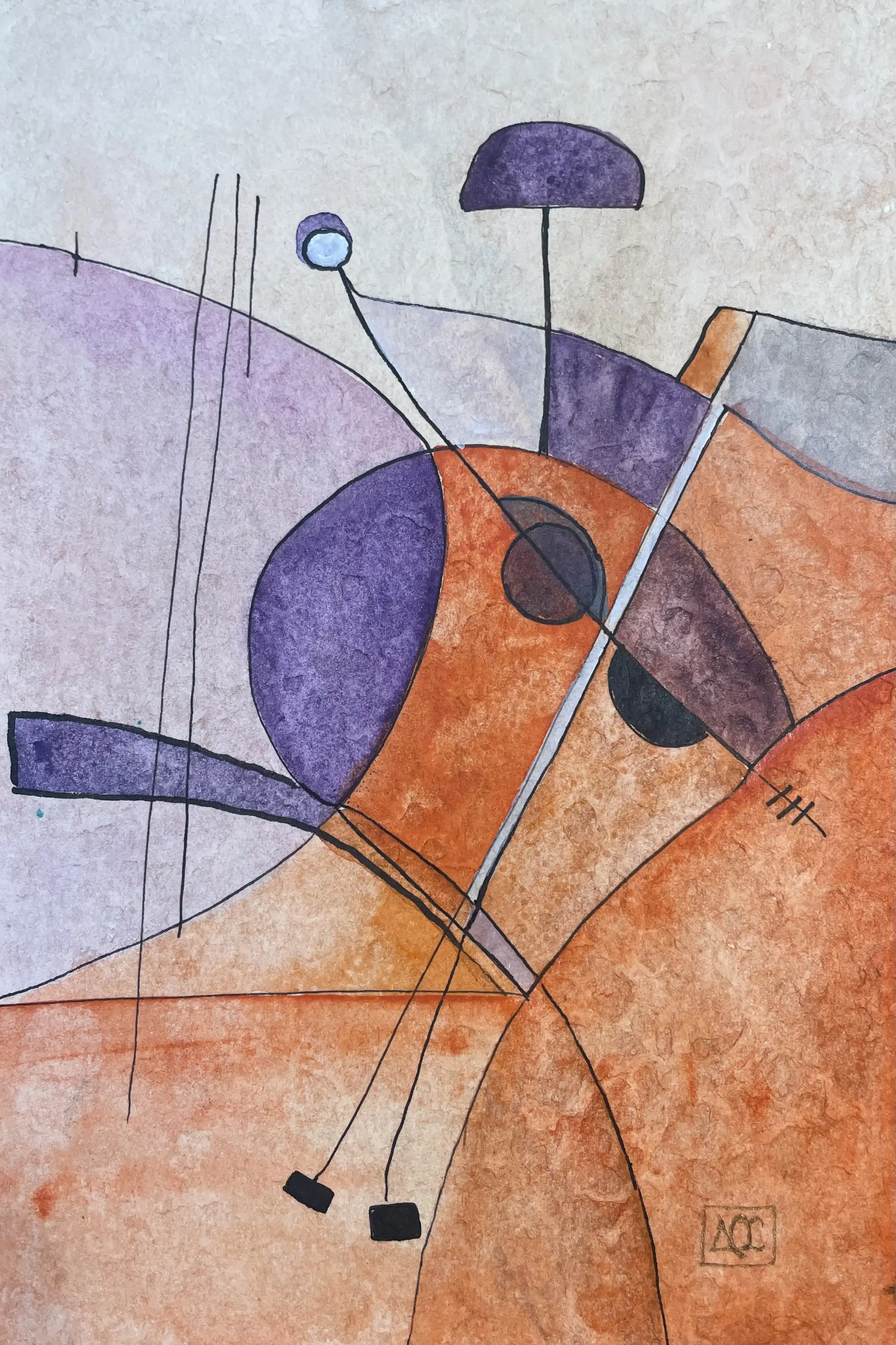 Watercolor painting: orange and violet geometric forms with intersecting black lines on light gray ground