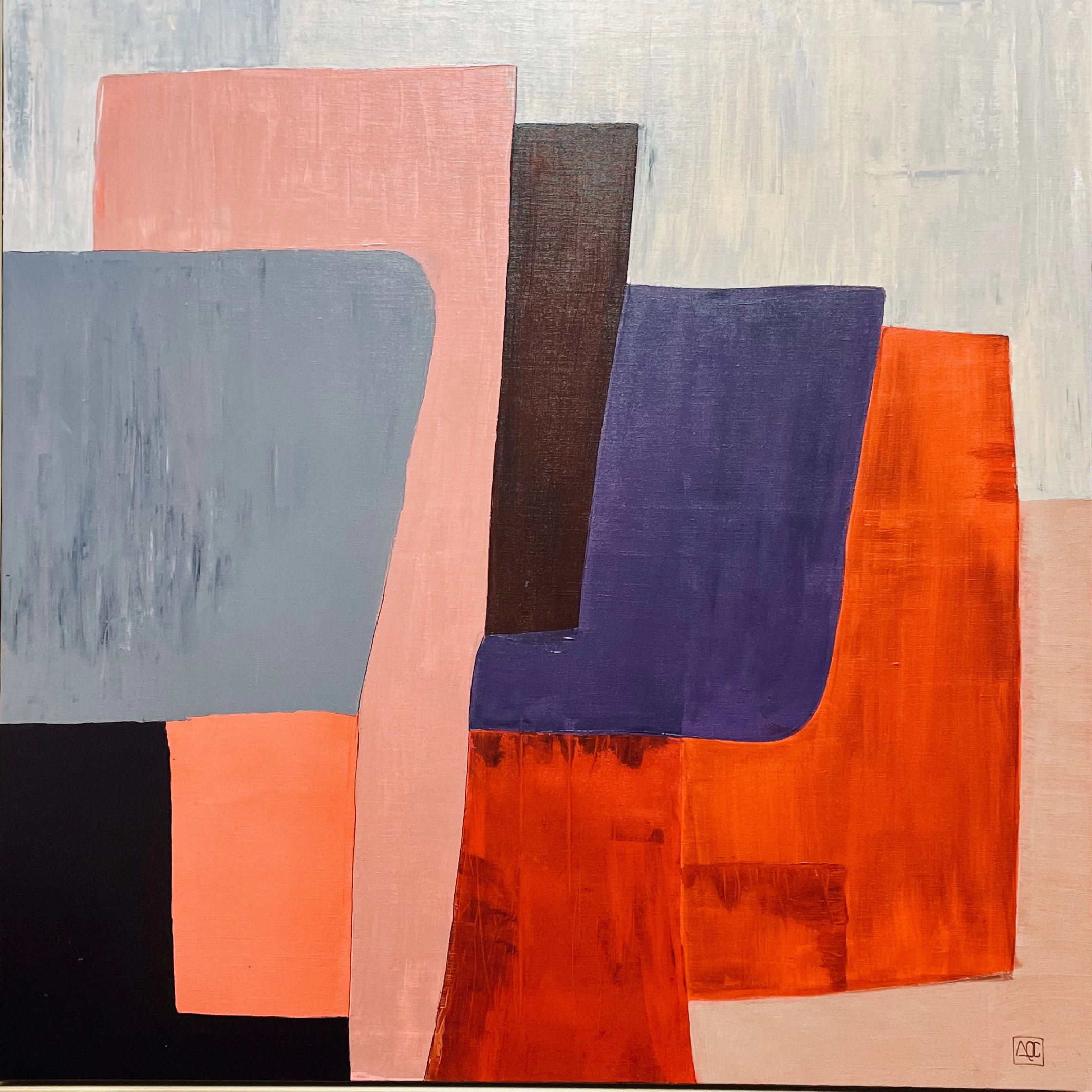 Abstract painting with yellow-orange, red-orange forms arranged in overlapping geometric shapes on neutral ground