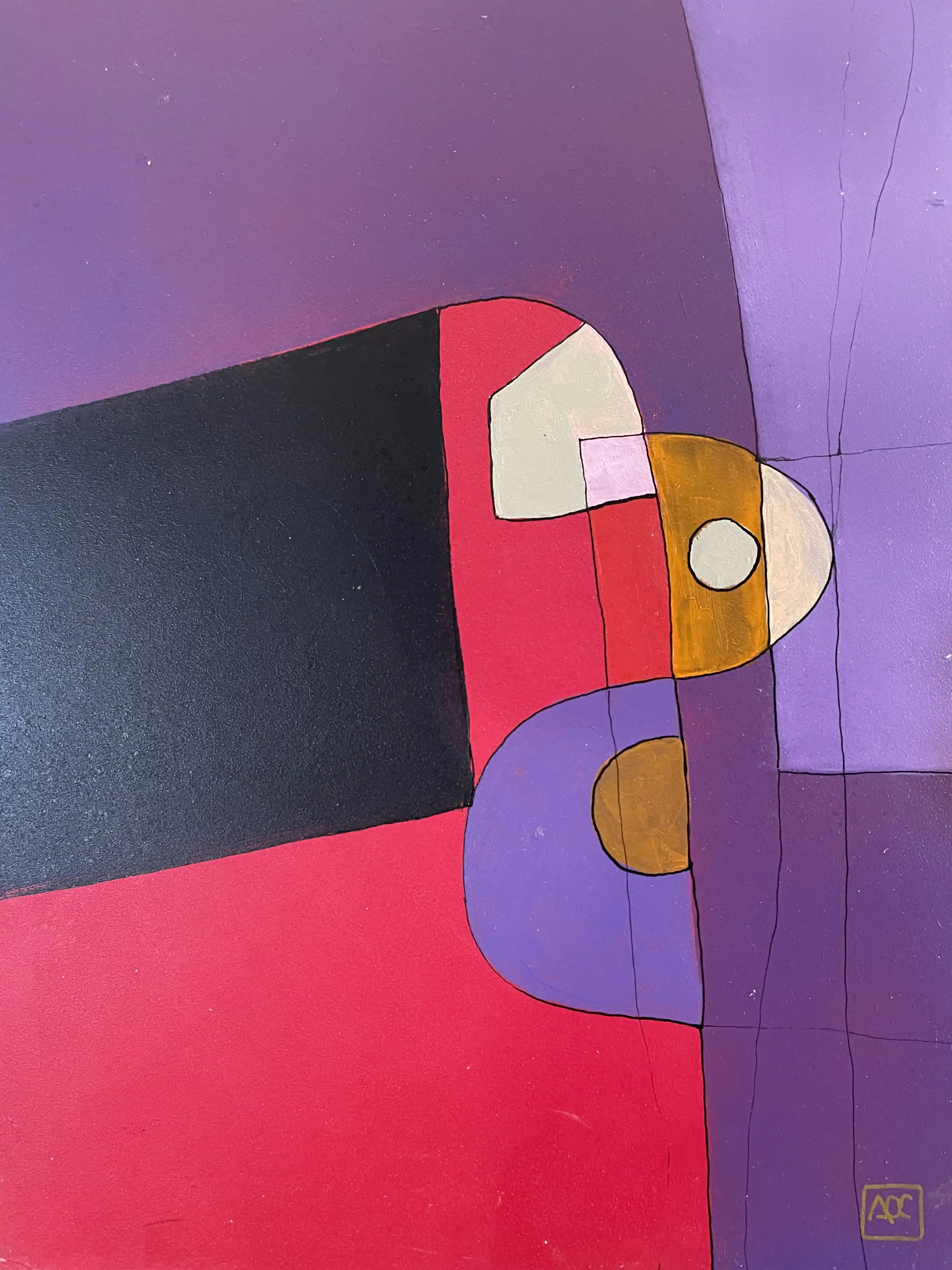 Geometric abstract painting with red-violet, crimson and violet forms intersecting on purple background