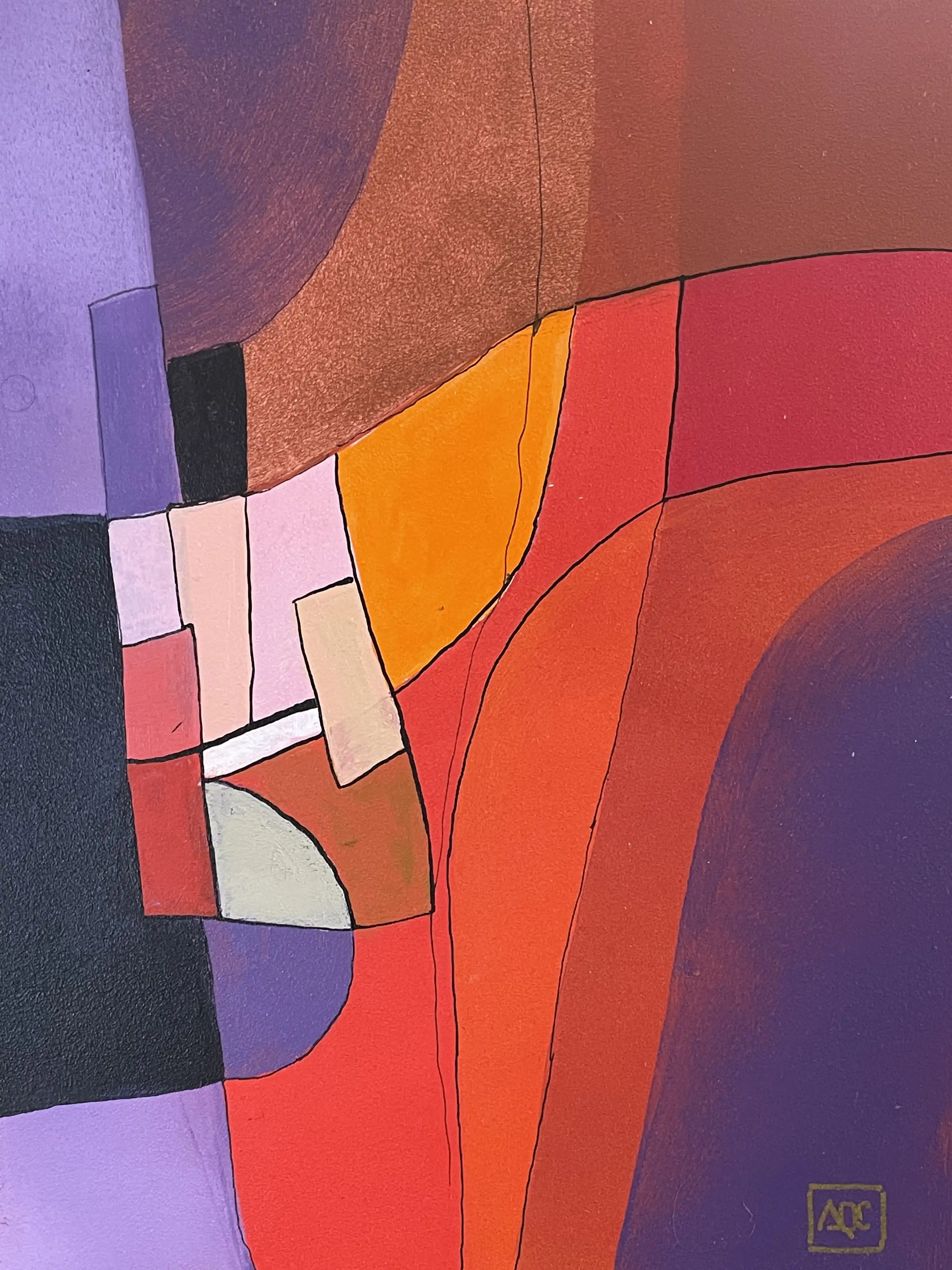 Acrylic painting with red-violet and red-orange geometric forms translating C minor chord into visual harmony