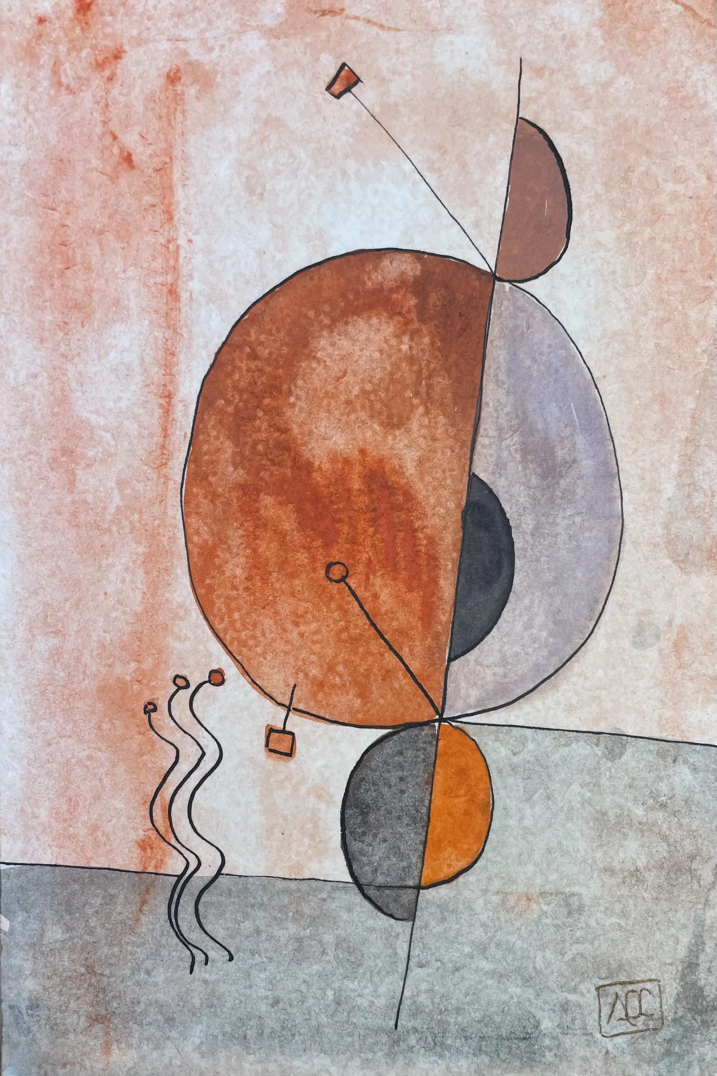 Watercolor with red-orange circles and gray forms connected by linear elements, exploring musical octave relationships