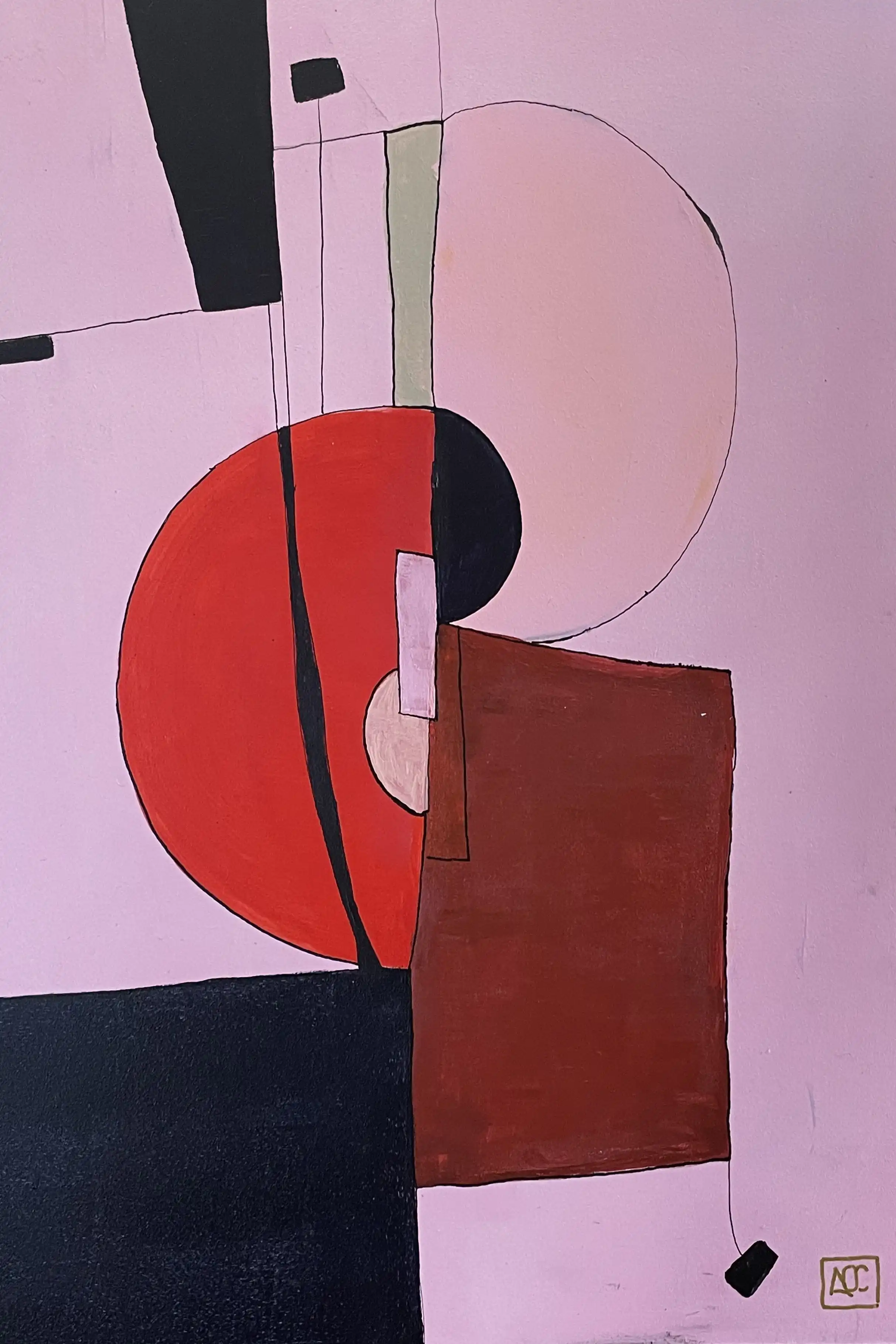 Peinture acrylique avec des formes géométriques rouge-violet et rouge-orange arrangées pour représenter les intervalles musicaux d'octave de Do