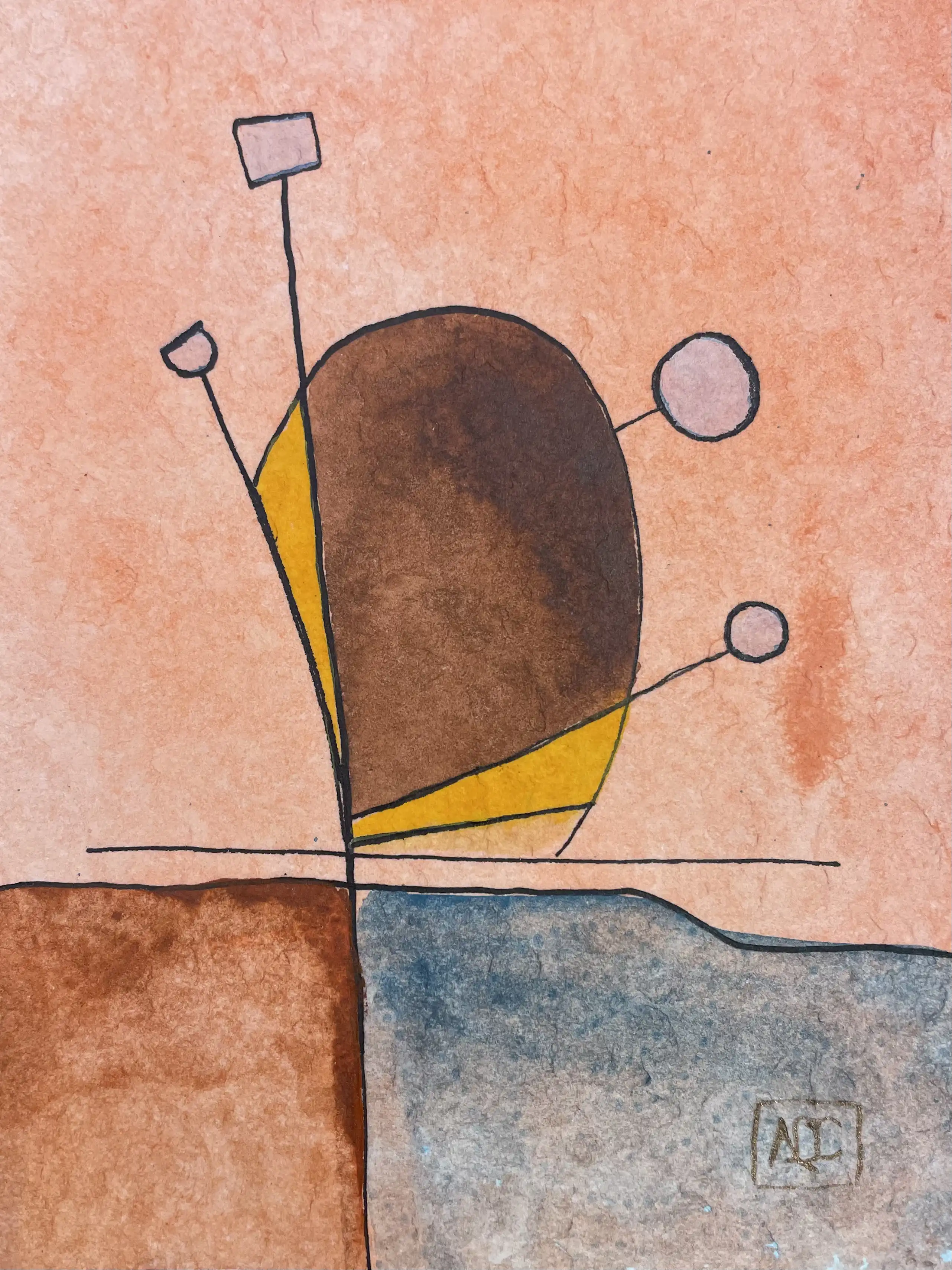 Peinture aquarelle : formes orange chaudes avec éléments géométriques, accents bleus et rouges sur fond papier texturé