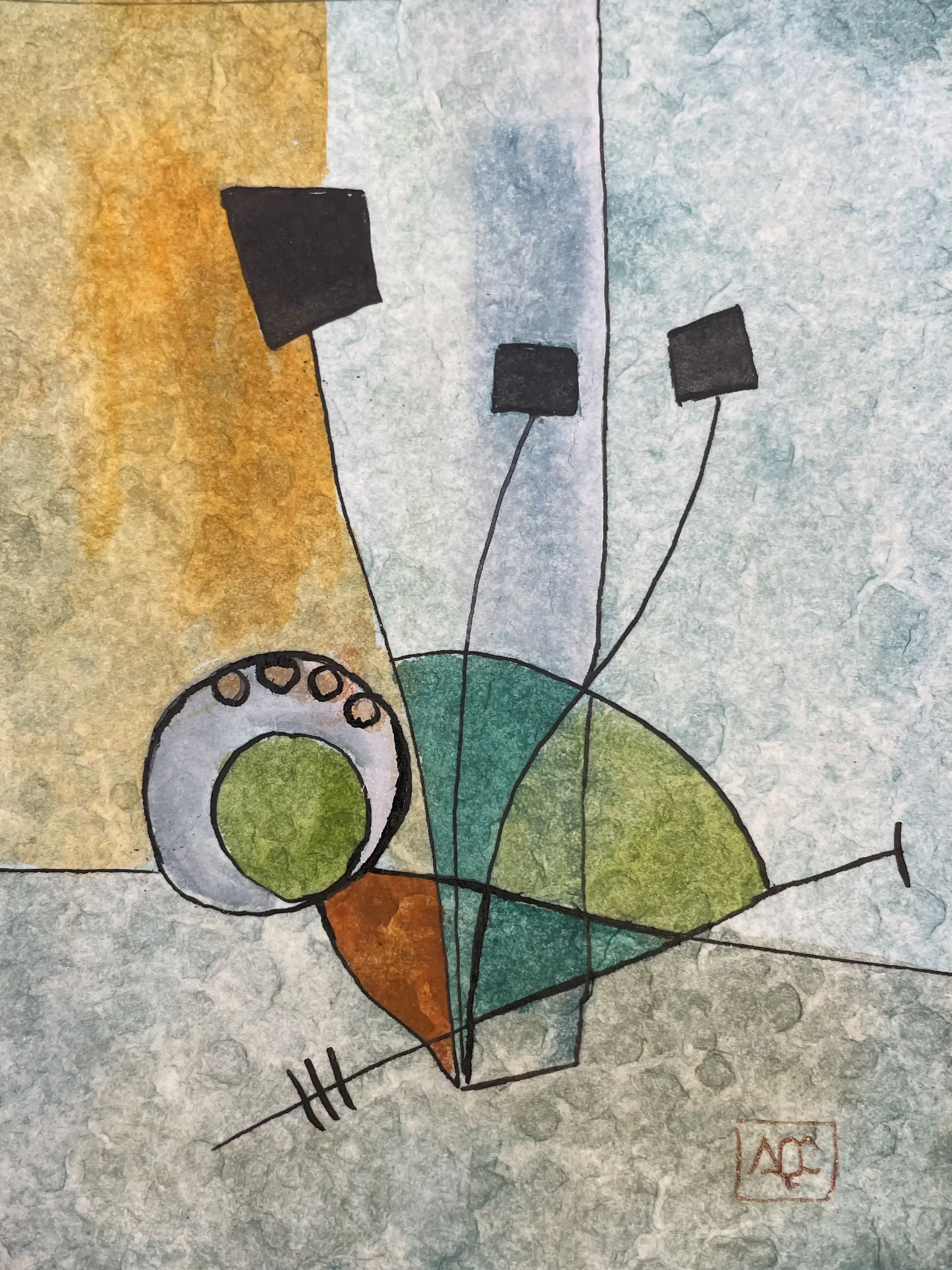 Peinture à l'aquarelle avec fond argent-gris, zones jaune-orange, et petites couleurs d'accent en arrangement géométrique