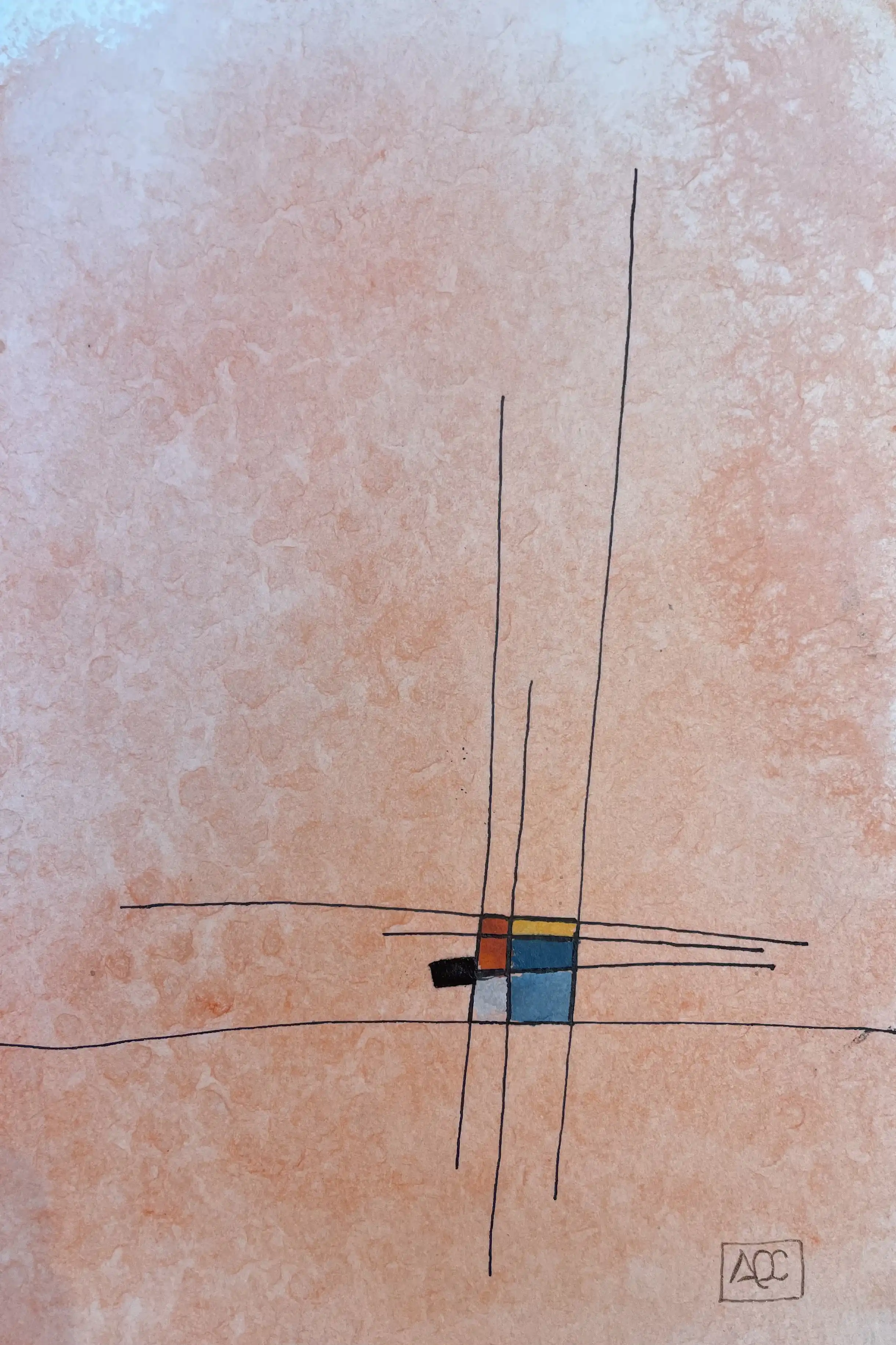 Aquarelle géométrique avec tons orange et rouge intersectés par des lignes noires, petits carrés colorés au centre