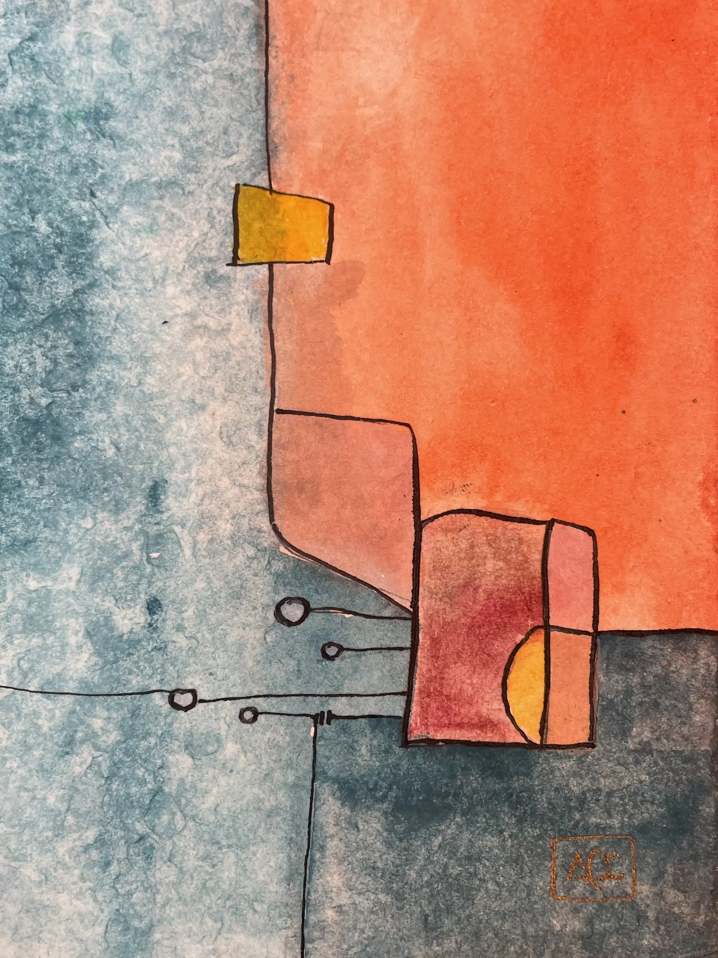 Aquarelle avec formes géométriques orange et grises : éléments linéaires et blocs colorés en arrangement harmonique