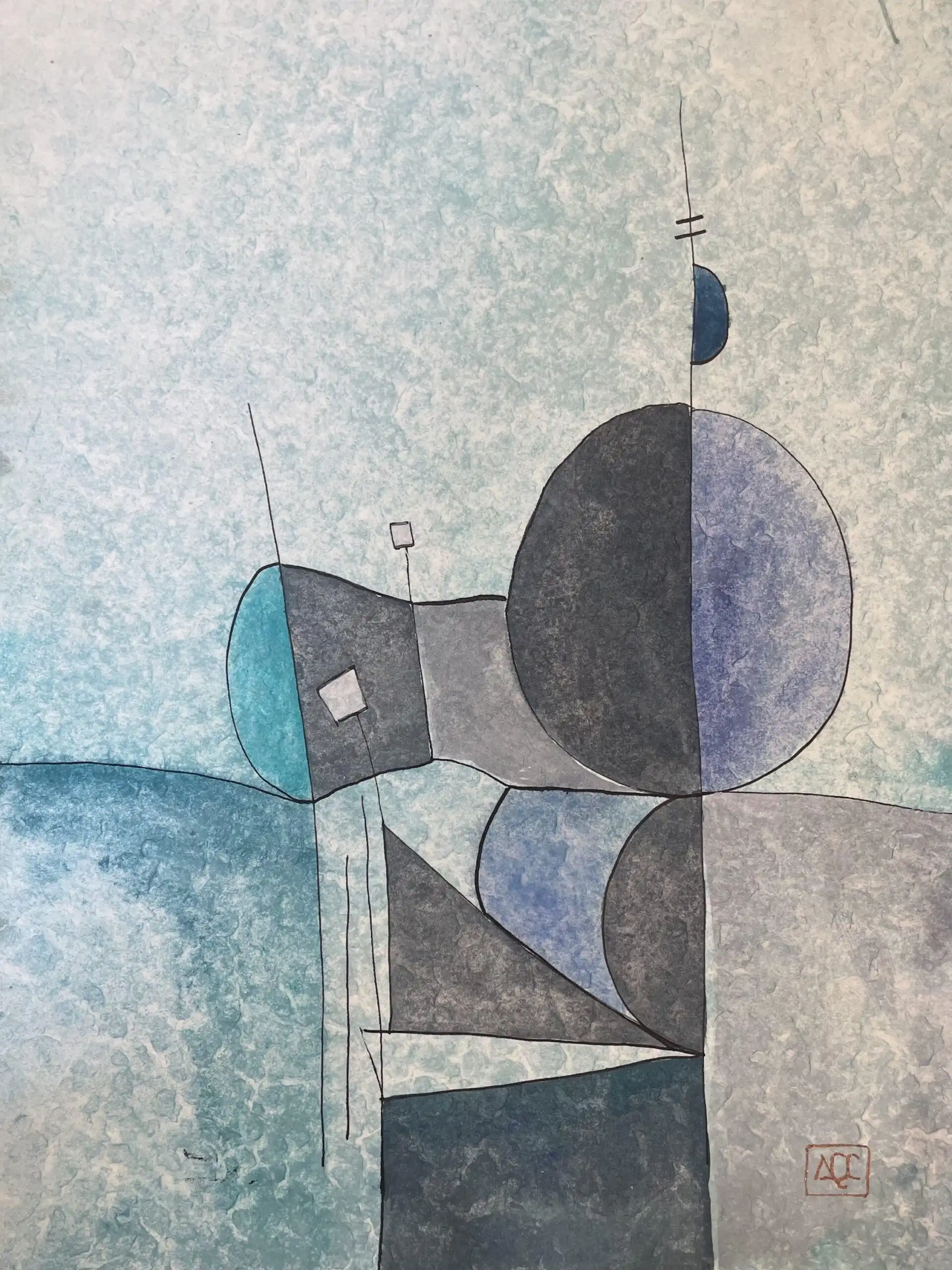 Peinture à l'aquarelle avec des formes géométriques grises, des accents bleus et des notes orange chaudes dans une composition abstraite