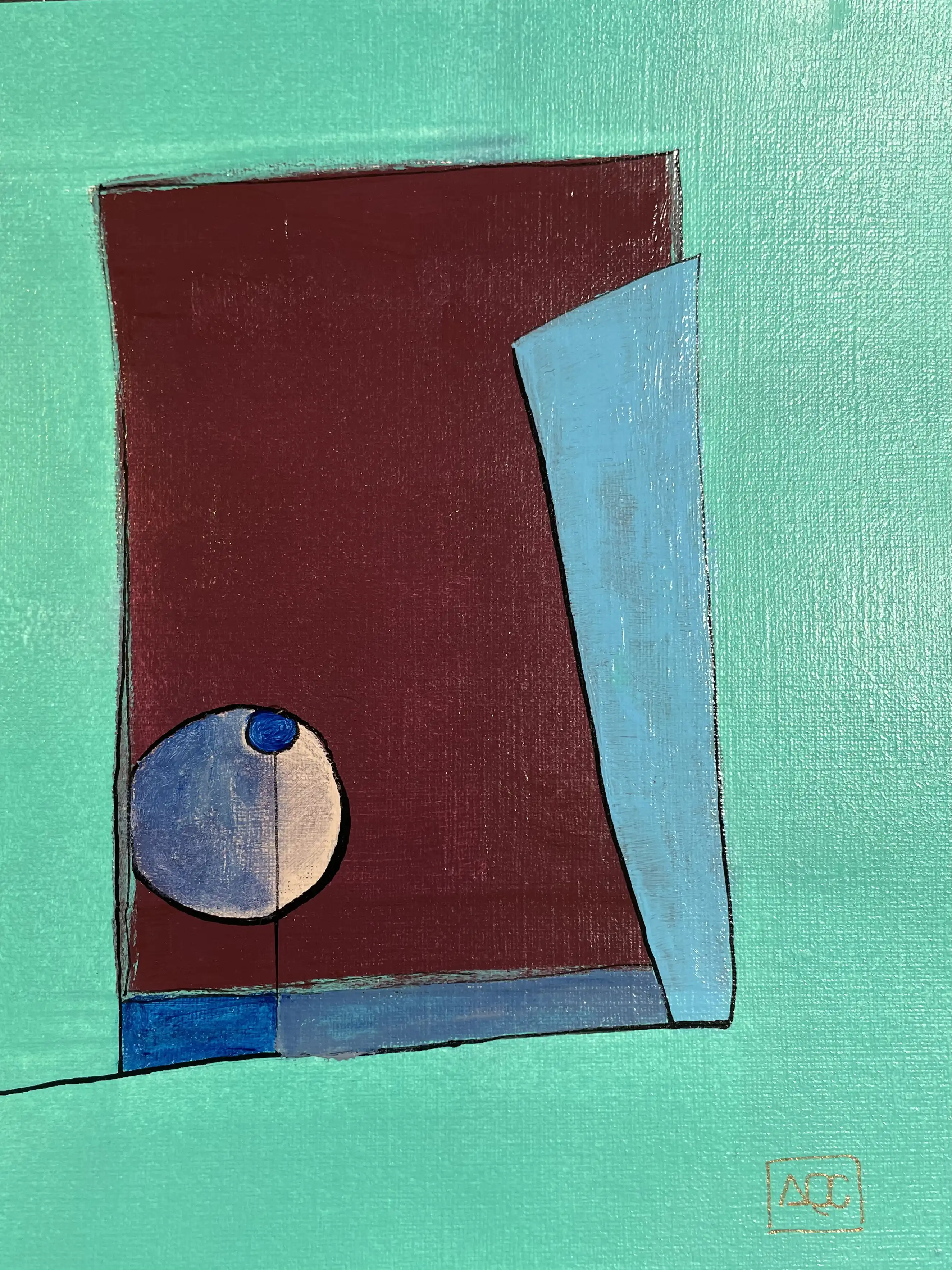 Étude acrylique géométrique : formes aigue-marine et marron avec accents bleus dans une composition angulaire sur papier