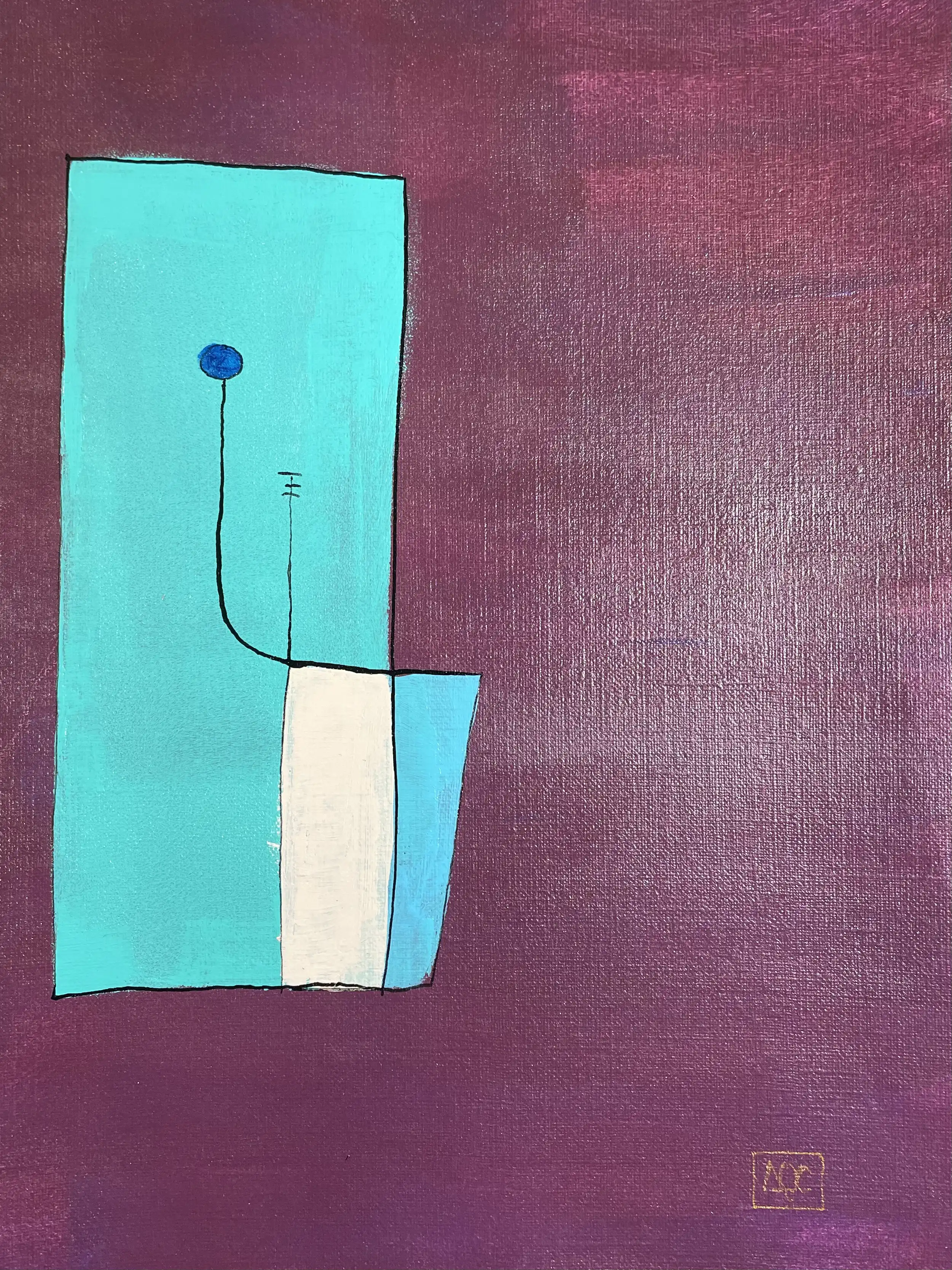 Peinture acrylique : fond rouge-violet avec forme géométrique turquoise contenant des éléments de cercle et de ligne bleu foncé