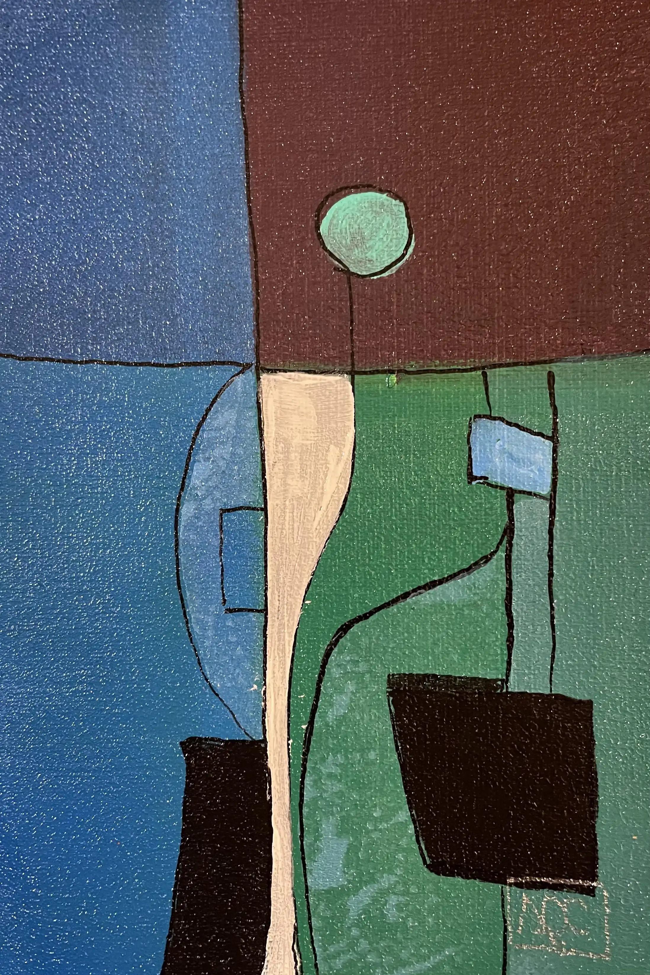 Peinture acrylique avec sections géométriques bleu-violet, rouge-orange et vert-jaune en arrangement coloré systématique