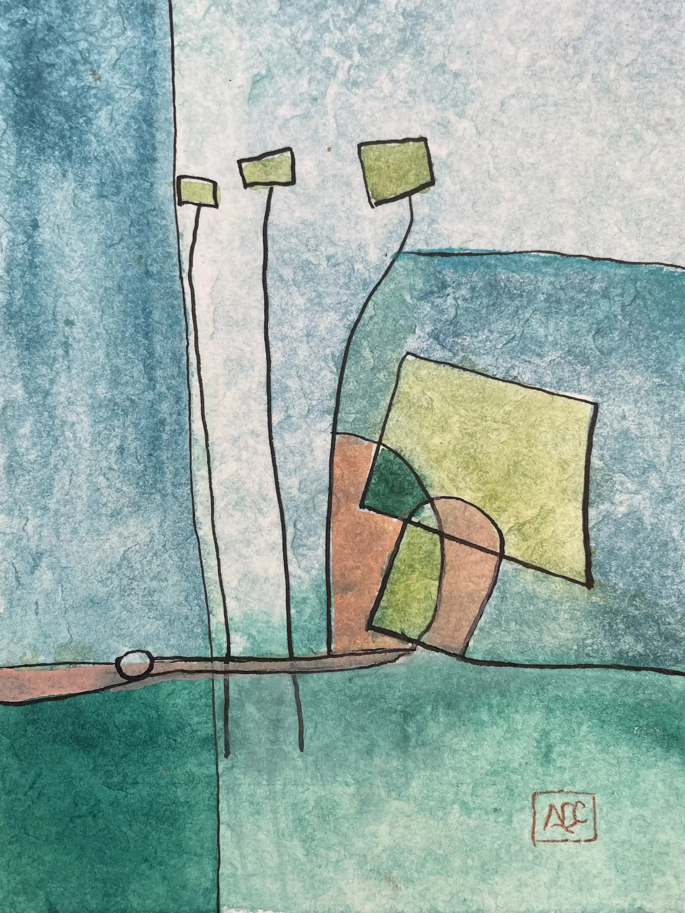 C# Major - Variation 3 by Arnaud Quercy at Art Quam Anima — Watercolor Painting on Paper, Watercolor with green geometric forms, white rectangles, and connecting lines in blue-green and accent colors