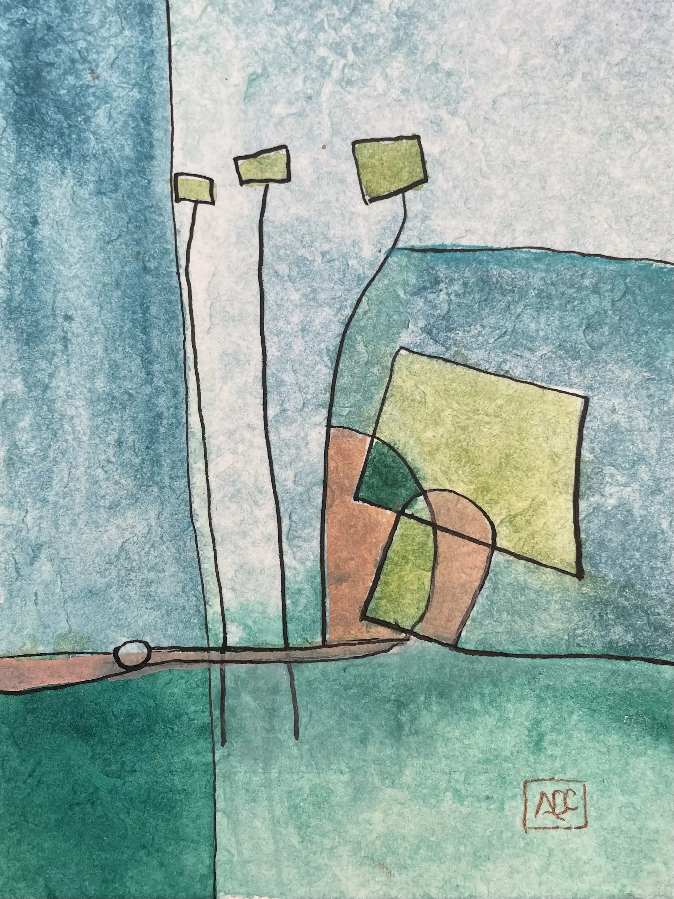 Aquarelle avec formes géométriques vertes, rectangles blancs, et lignes de connexion en bleu-vert et couleurs d'accent