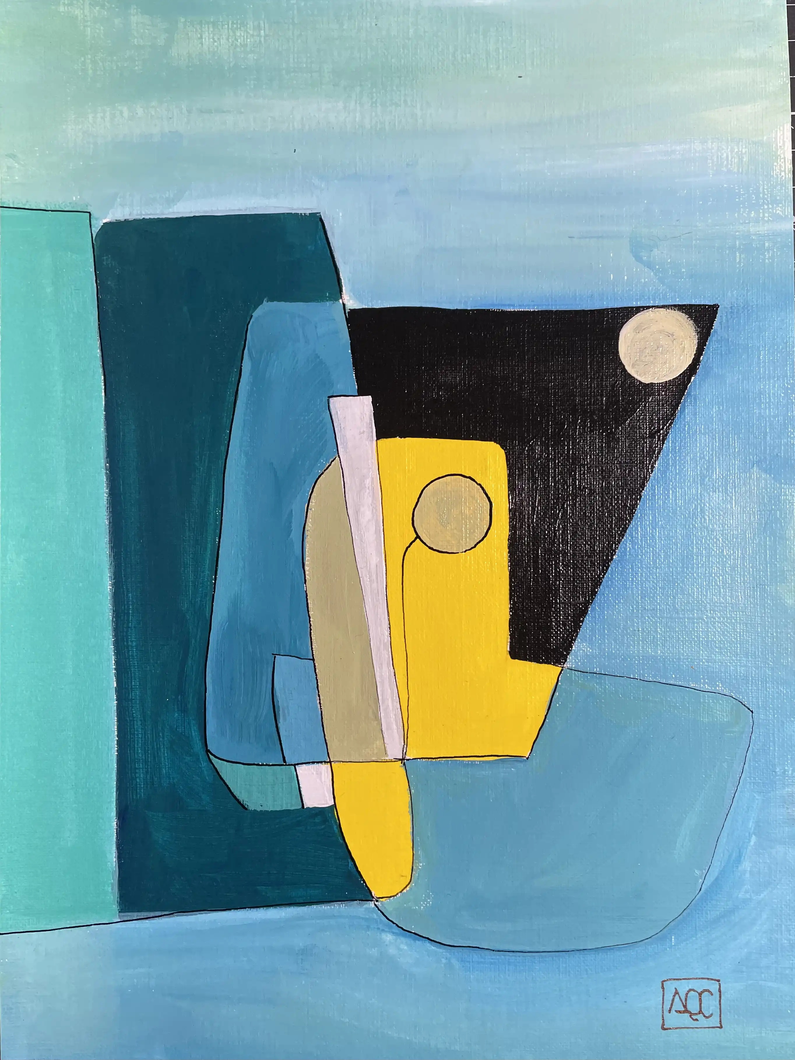 Do dièse Mineur par Arnaud Quercy chez Art Quam Anima — peinture acrylique sur papier, Peinture acrylique avec formes géométriques bleu-vert, accents jaunes, et formes triangulaires sombres en composition abstraite