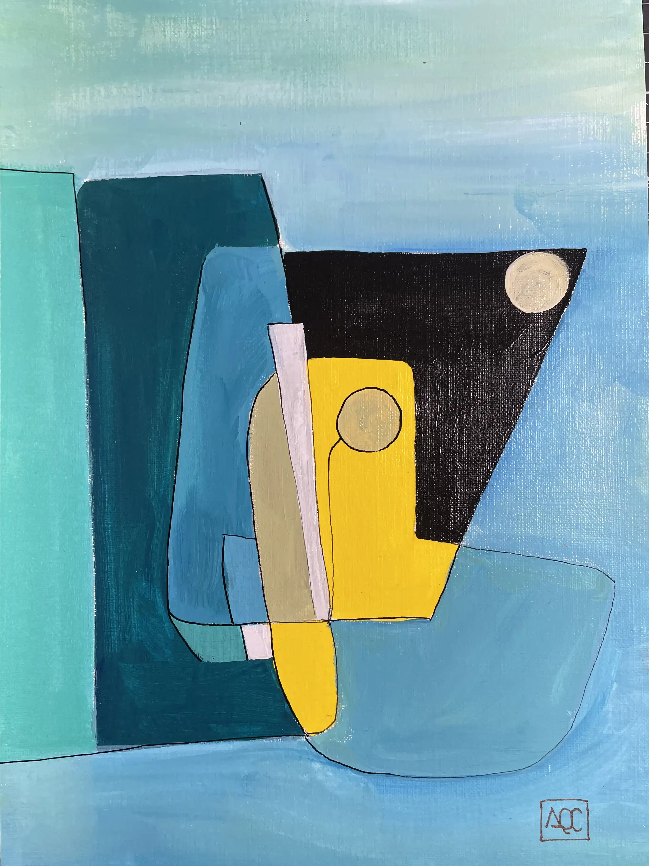 Peinture acrylique avec formes géométriques bleu-vert, accents jaunes, et formes triangulaires sombres en composition abstraite