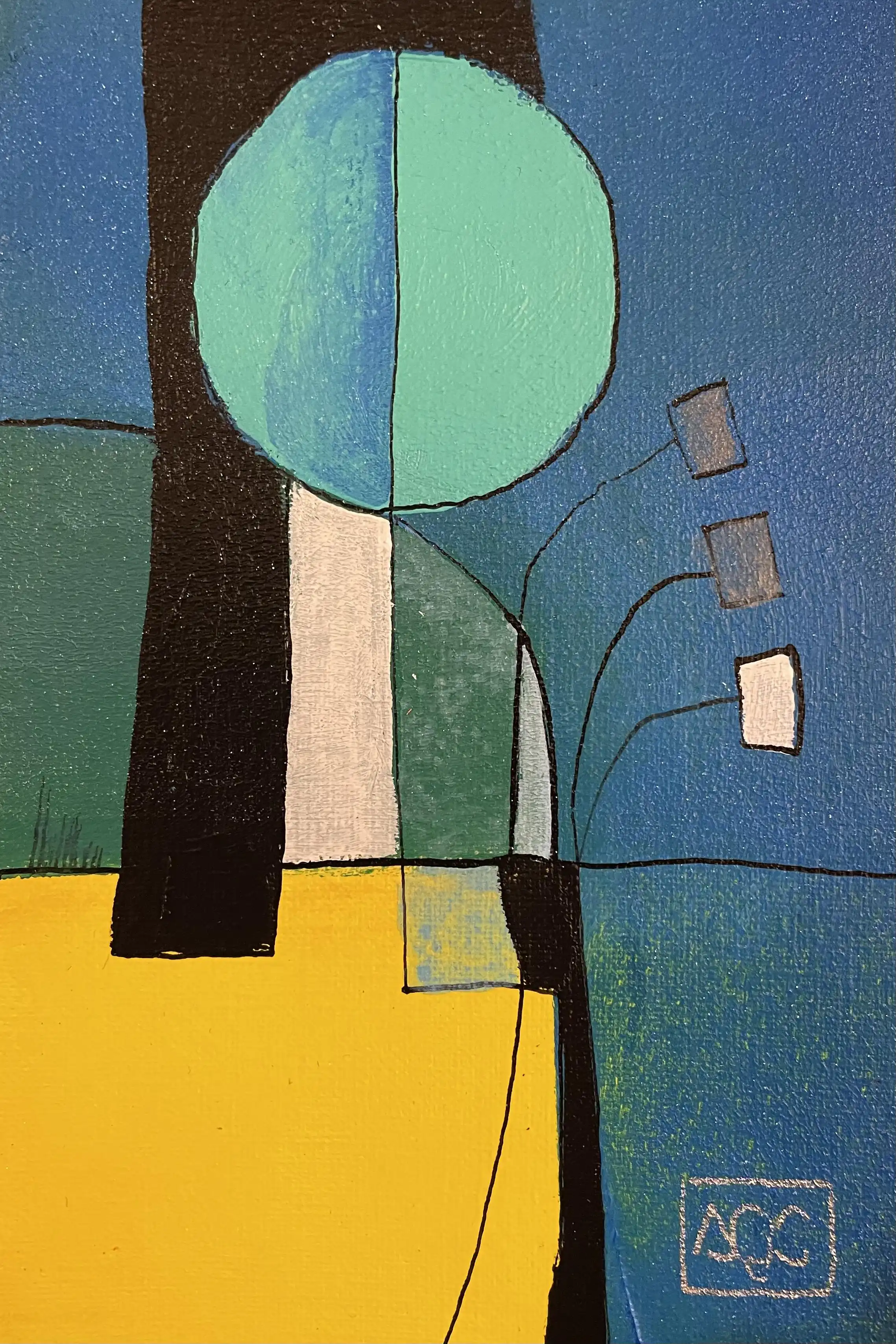 Peinture acrylique : formes géométriques en bleu-violet, jaune-orange, vert arrangées en relations de couleurs harmoniques